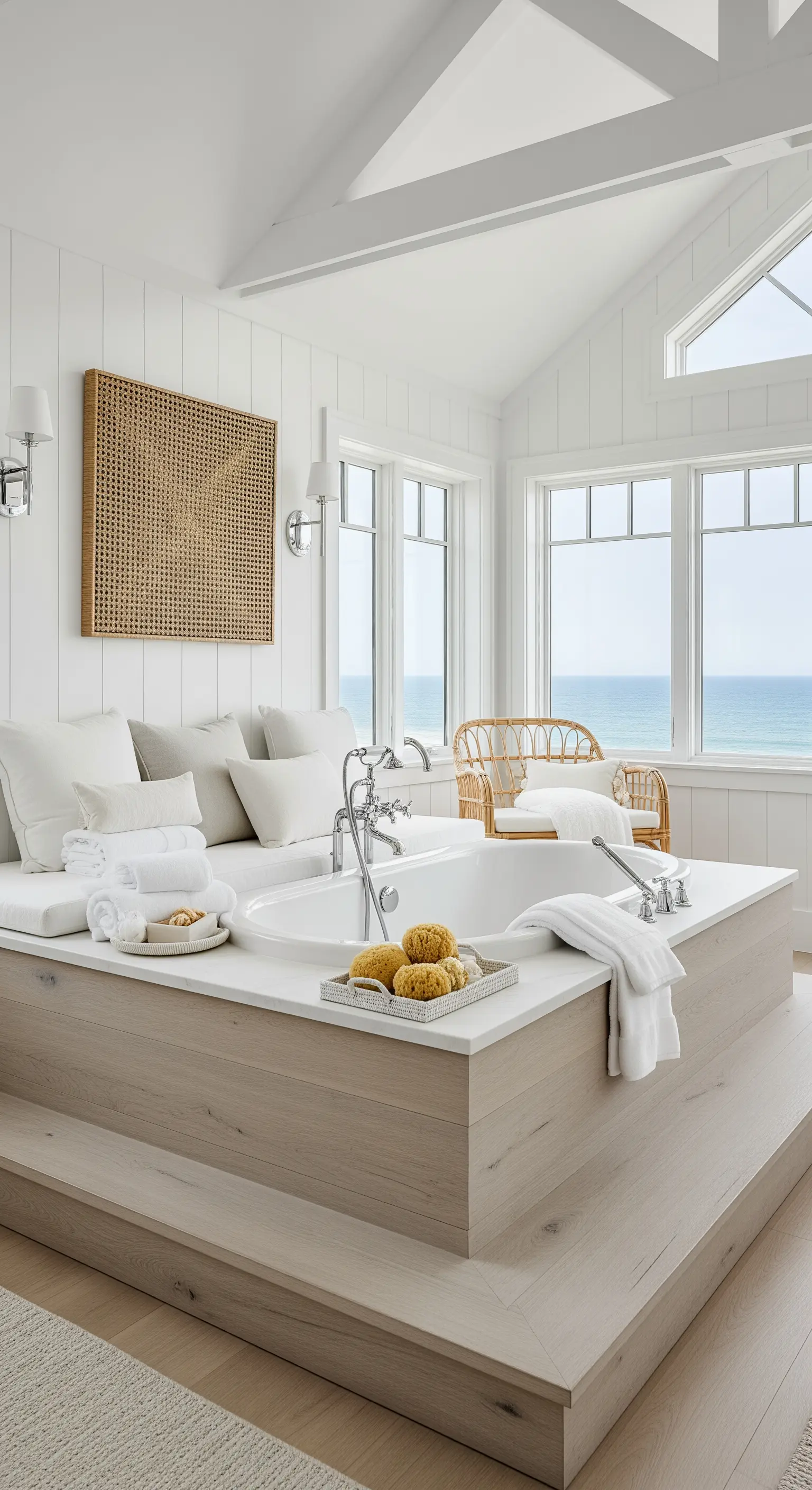 Helles Badewannen-Podest mit integrierter, gepolsterter Sitzbank im Coastal-Stil