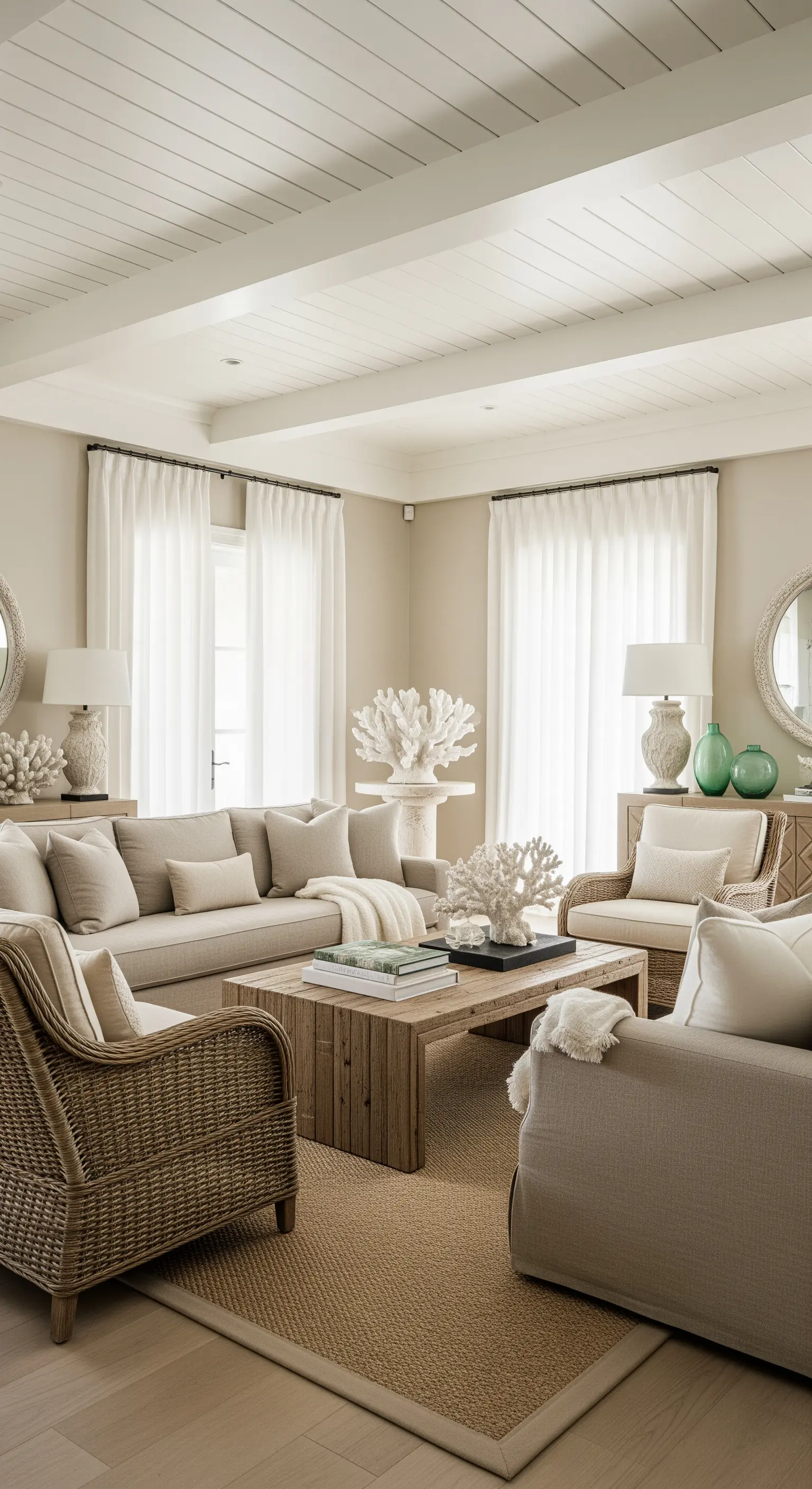 Wohnzimmer im Küstenstil mit Rattan, hellem Holz und Korallen-Deko.