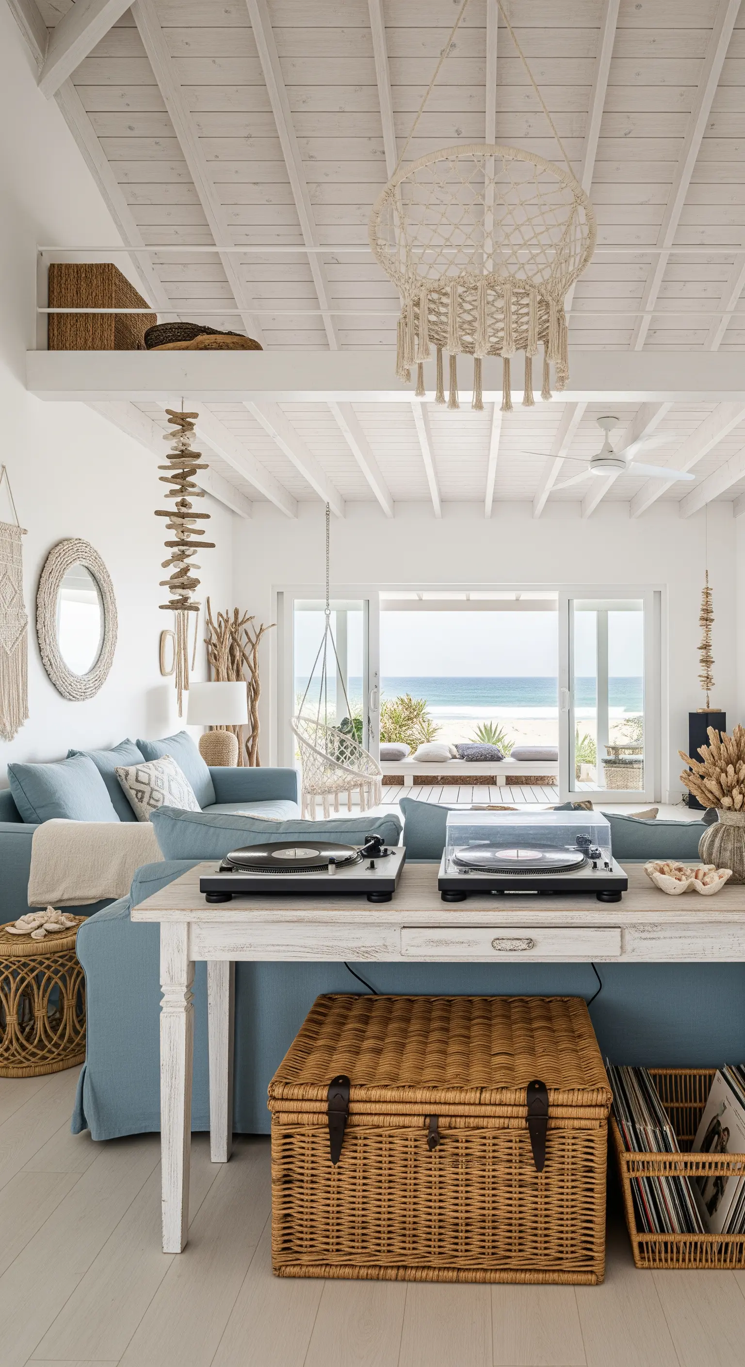 Helles Wohnzimmer im Strandhaus-Stil mit Blick aufs Meer und DJ-Plattenspielern
