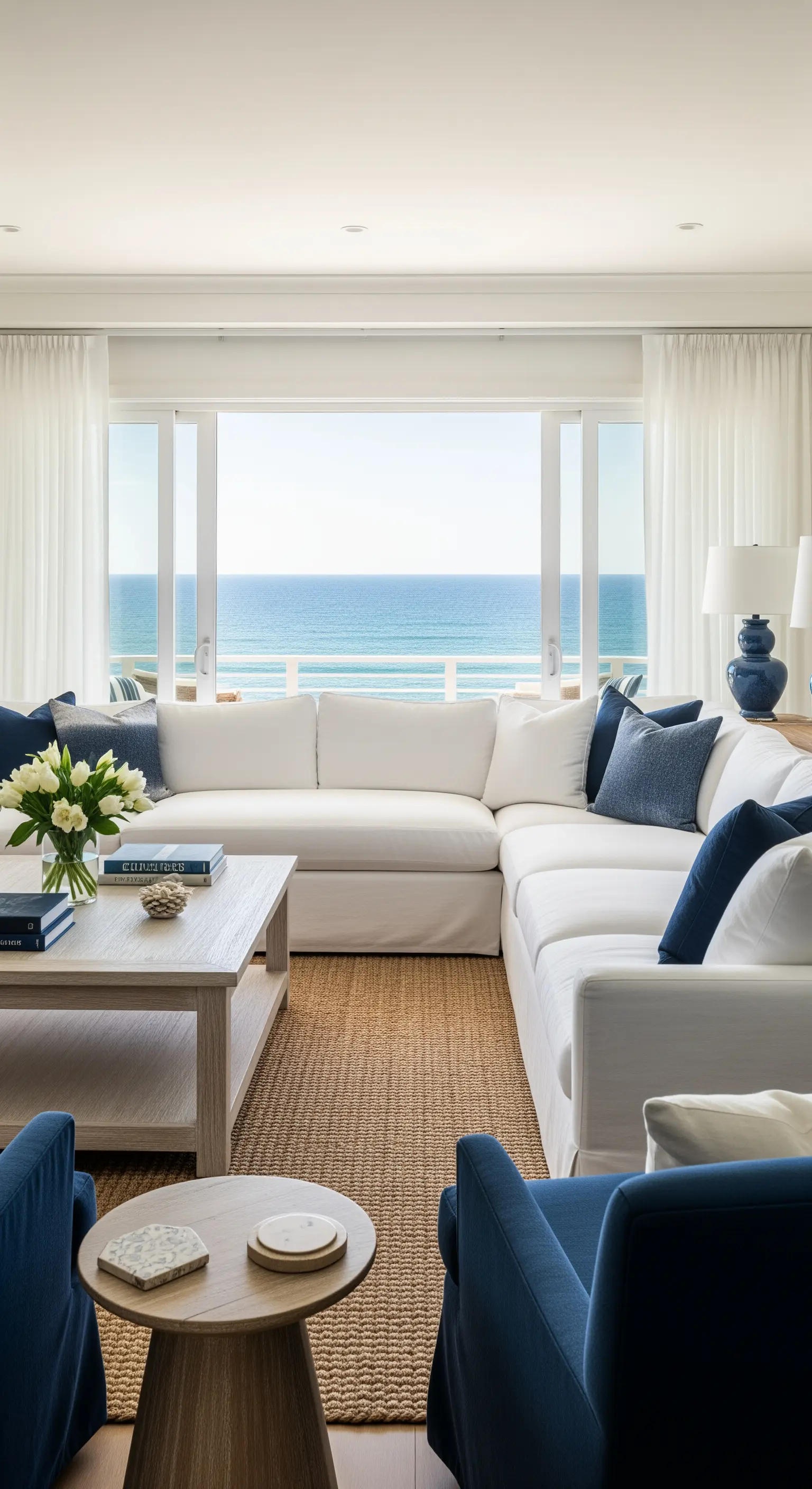 Weiße, U-förmige Sofalandschaft mit blauen Kissen und Blick auf das weite Meer.