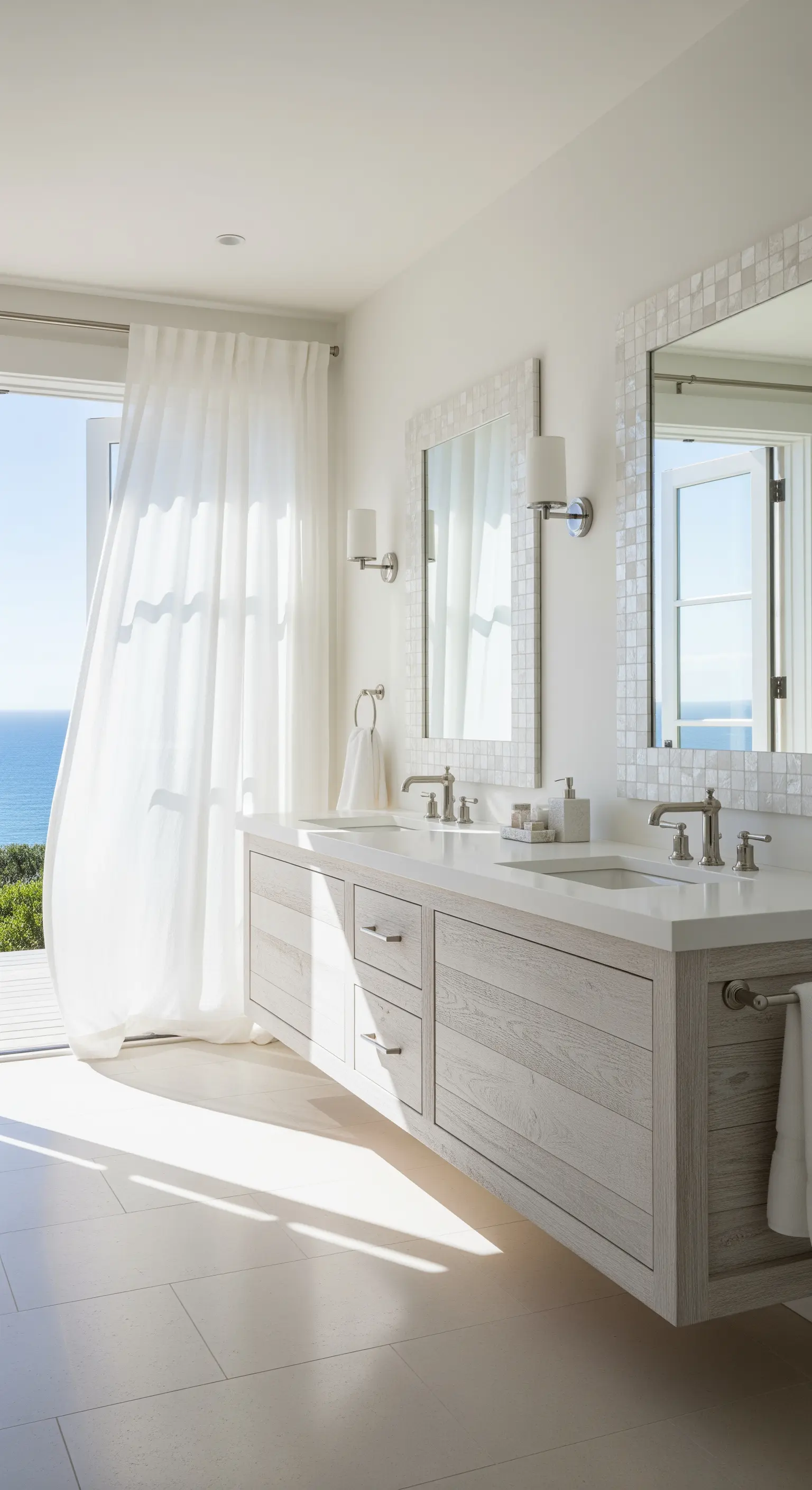 Heller Holzwaschtisch in einem Badezimmer mit Meerblick und leichten Vorhängen.