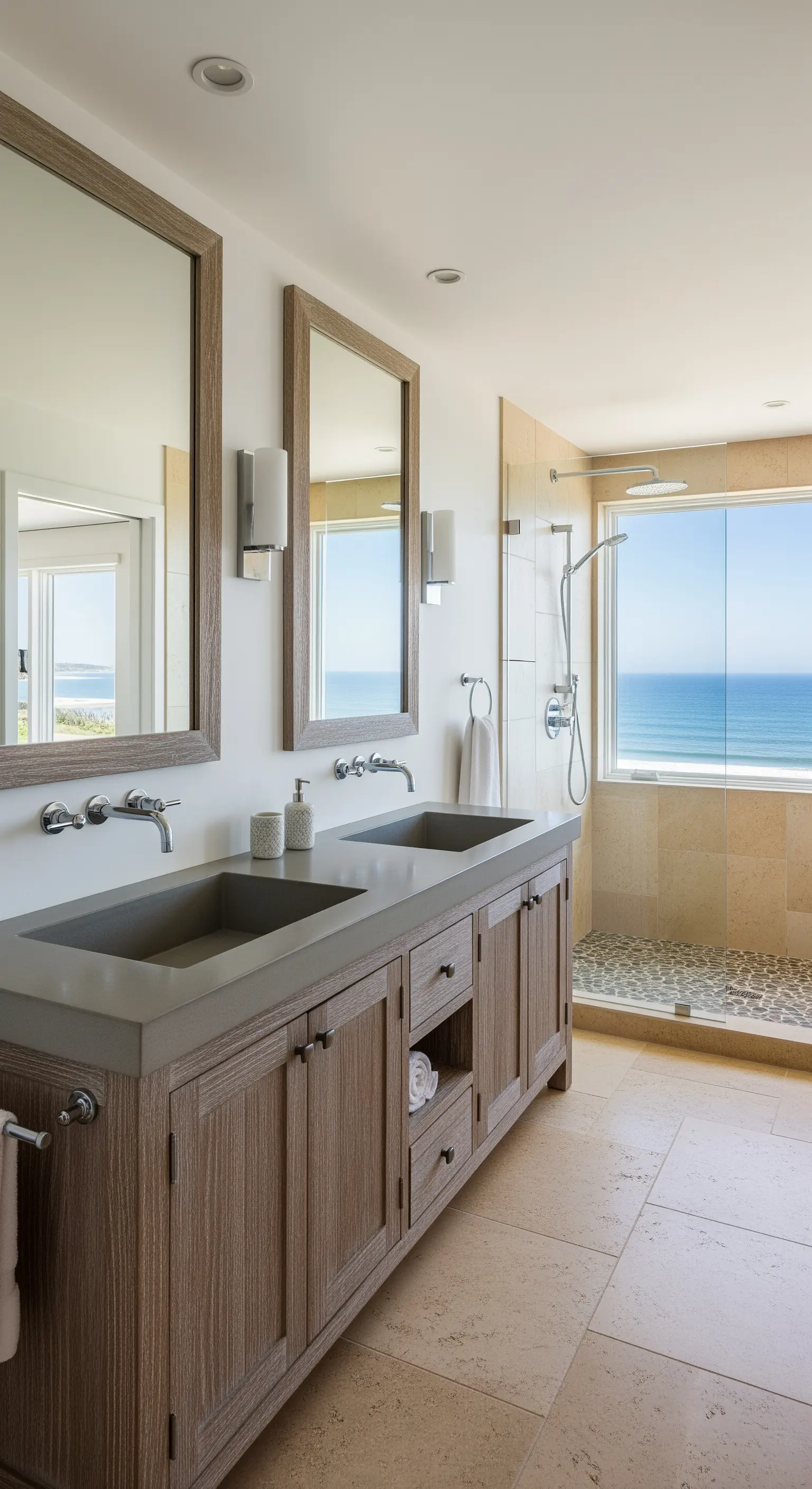 Badezimmer im Küstenstil mit Holz-Waschtisch, Betonplatte und Fenster zum Meer.