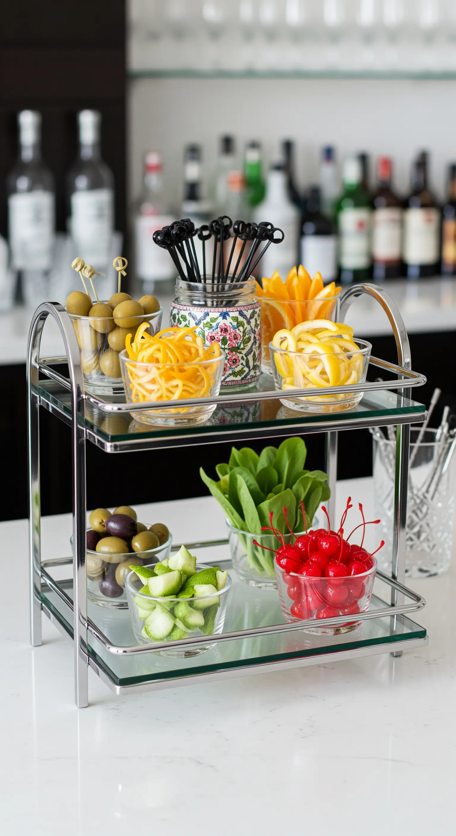 Moderne Glas-Etagere mit Schälchen voller Cocktail-Garnituren wie Oliven und Zitrusschalen.