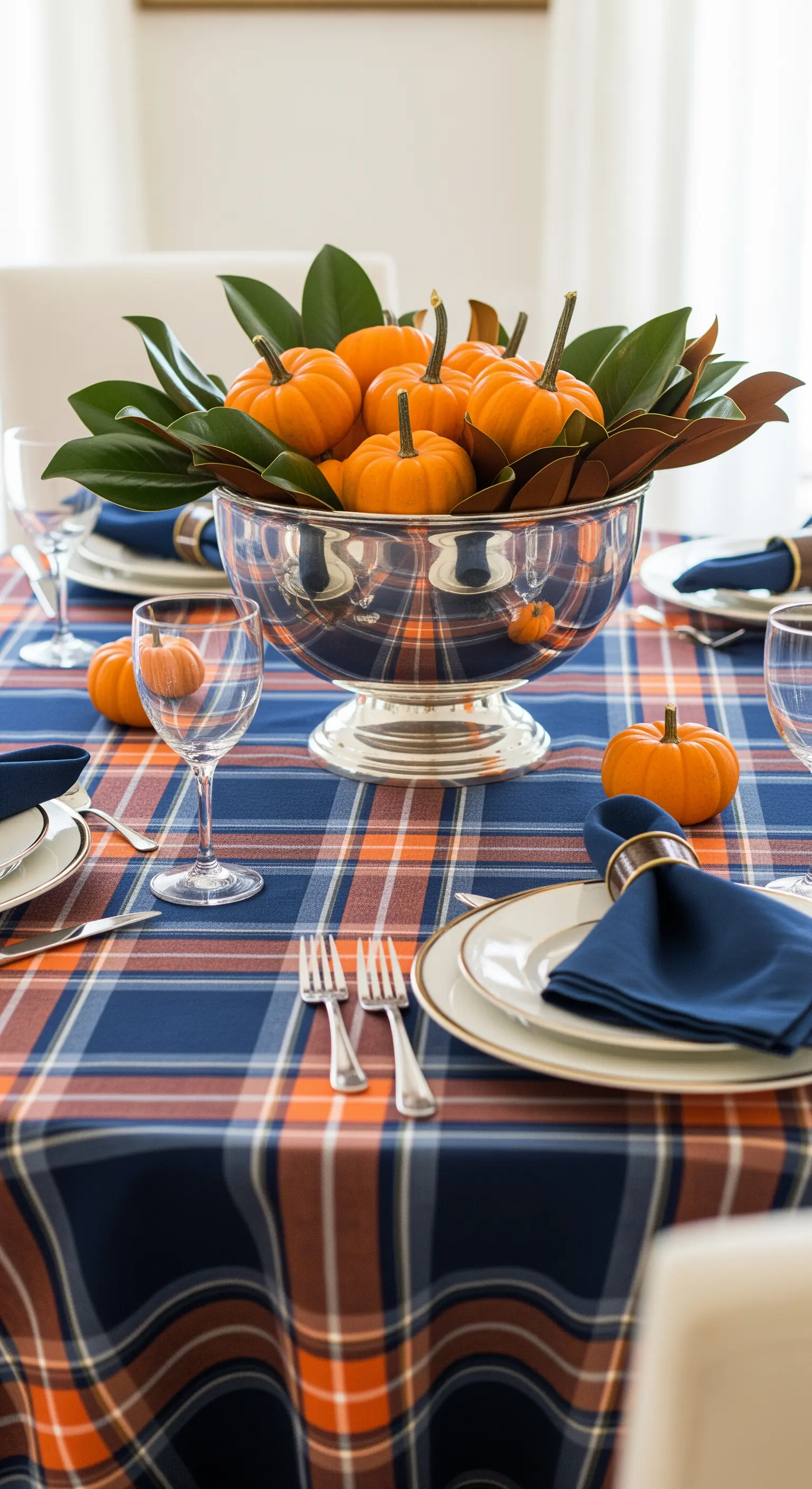 Mini-Kürbisse in einer Silberschale mit Magnolienblättern auf einer karierten Tischdecke.