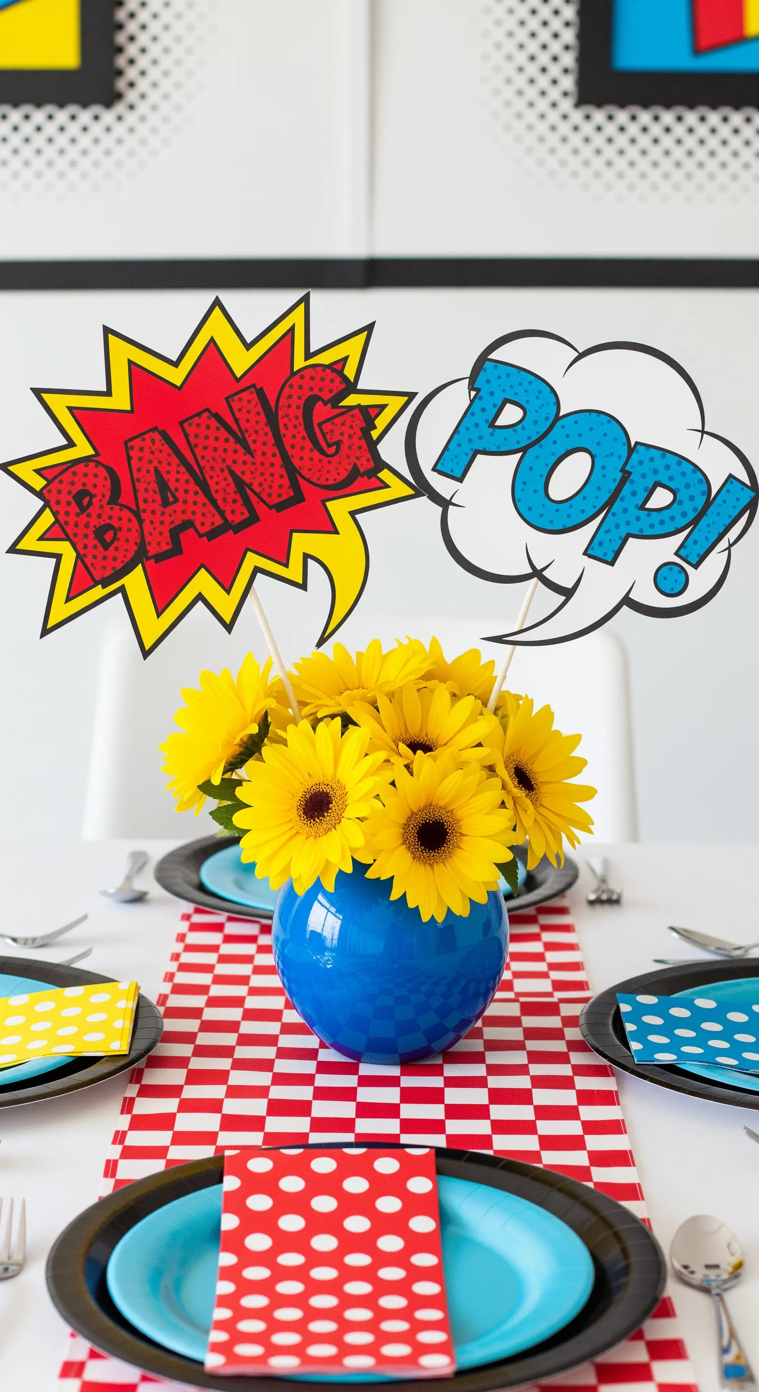 Comic-Tischdeko mit 'BANG' und 'POP' Schildern und Sonnenblumen.