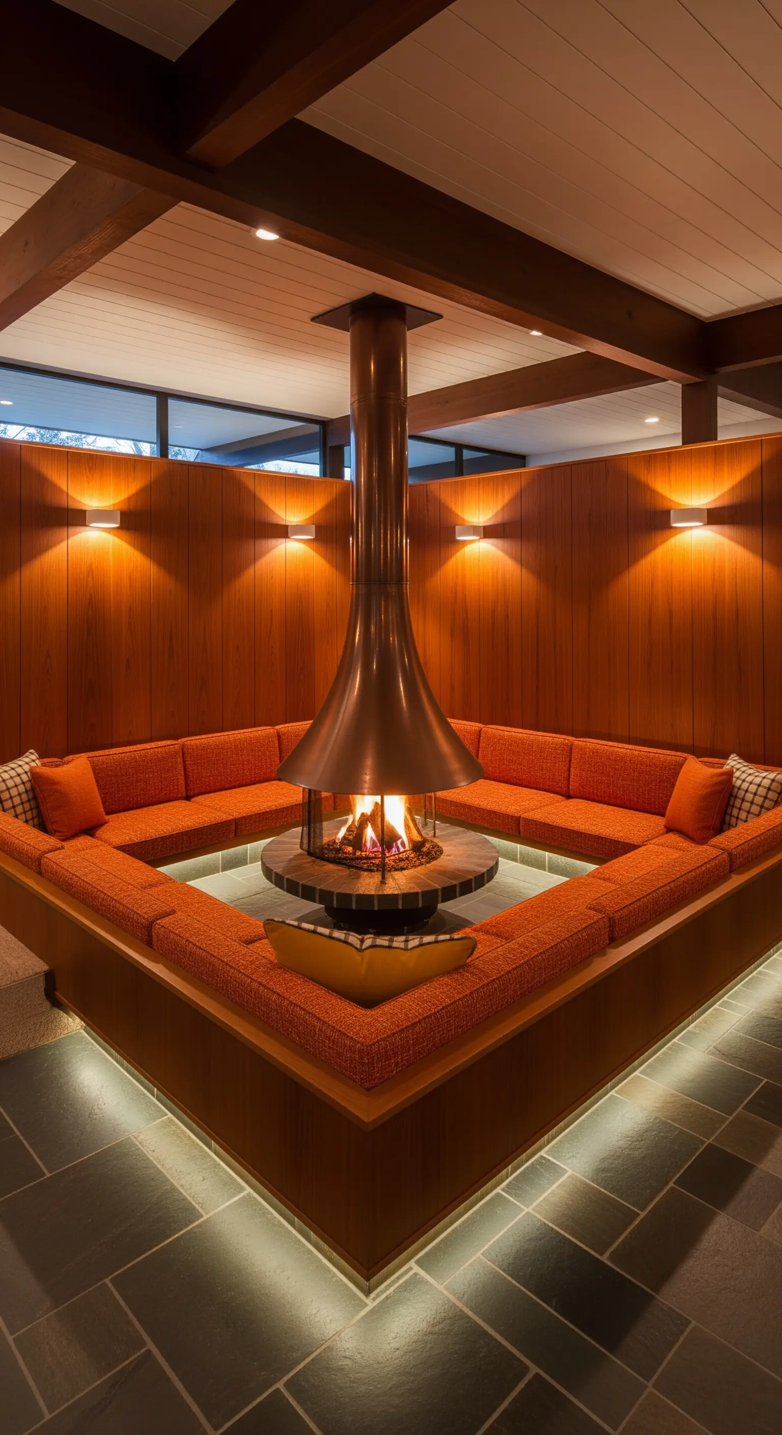 Eine versenkte, quadratische Sitzlounge in Orange um einen runden Kupferkamin.