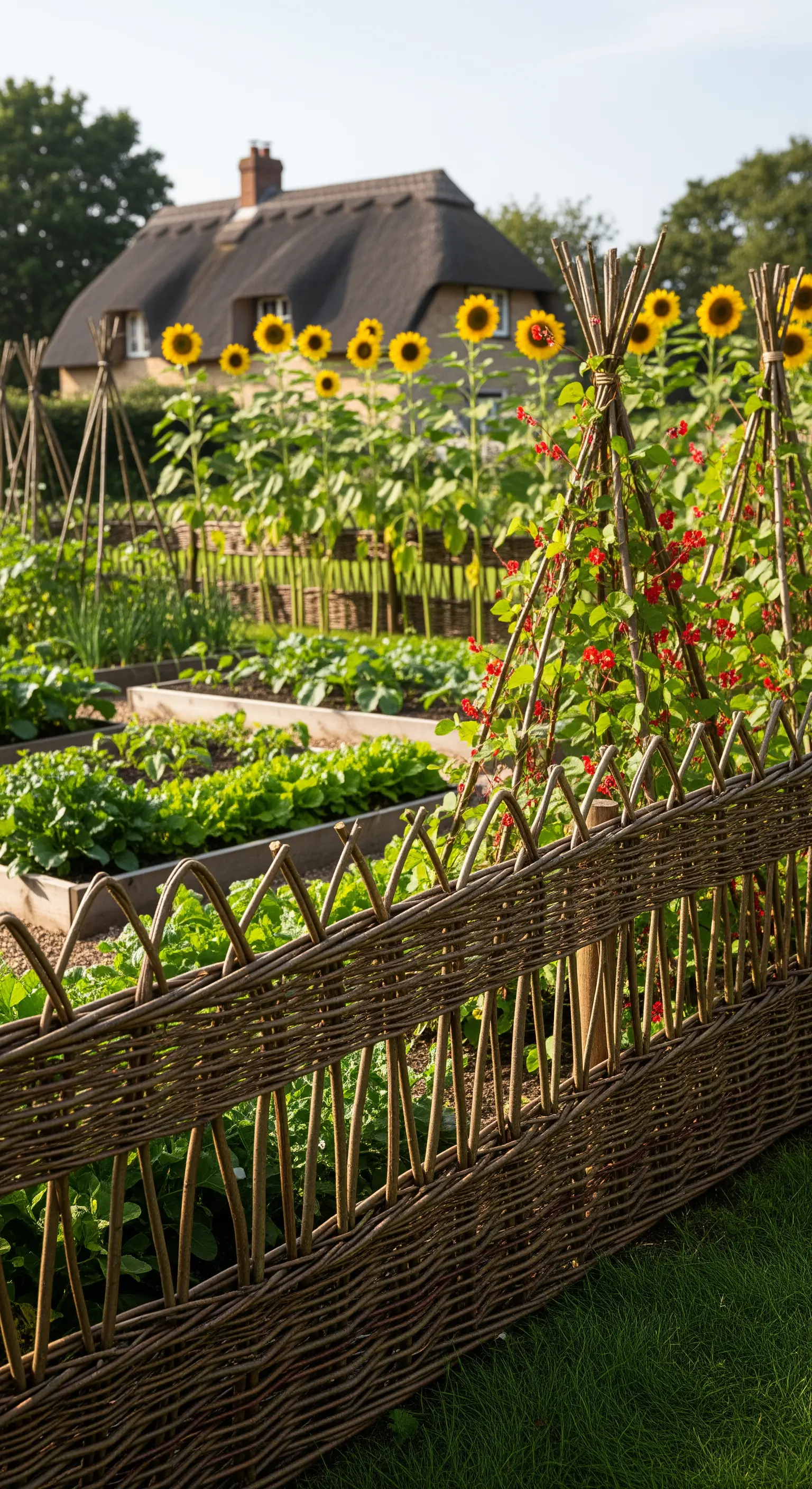 Weidenzaun um Gemüsebeete mit Sonnenblumen und Reetdachhaus im Hintergrund
