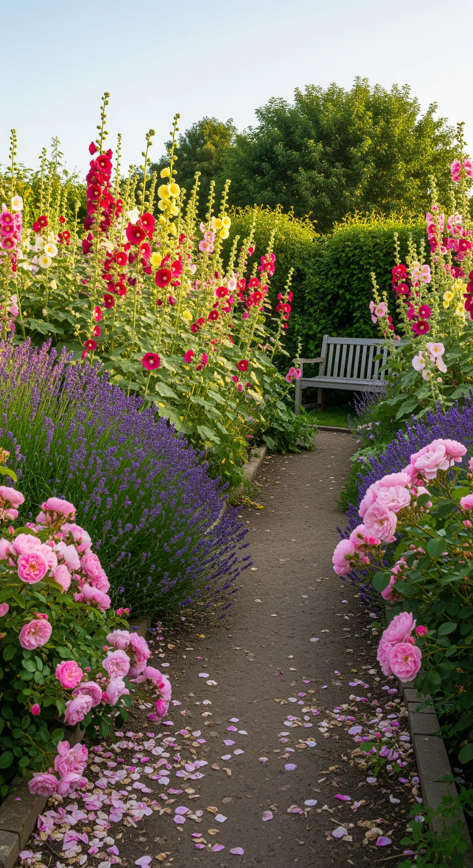 Rustikaler Gartenpfad mit Lavendel, hohen Stockrosen und pinken Rosenbüschen