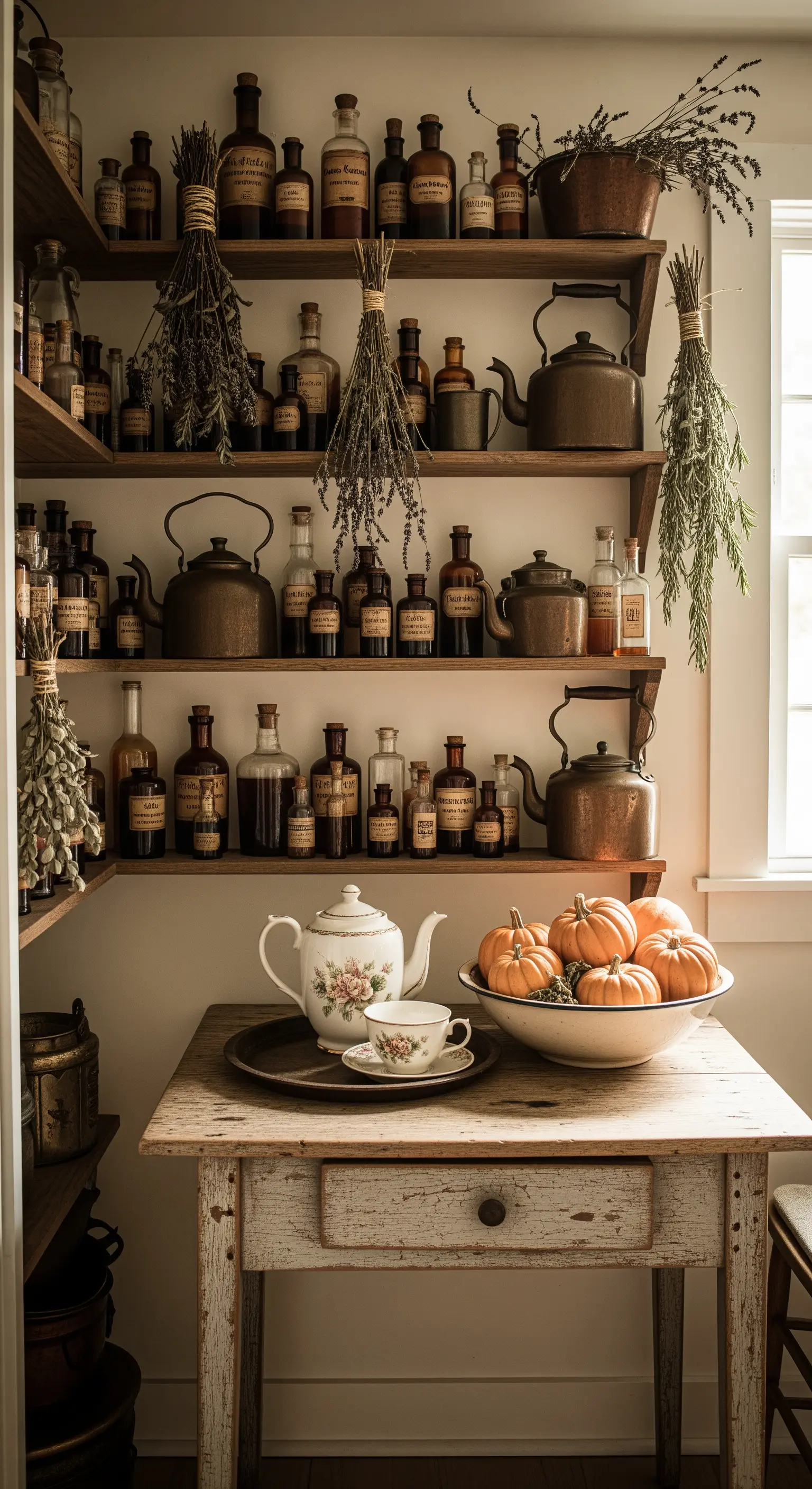 Vintage Apotheke Regal mit Kräutern, Kupferkesseln, Kürbissen für Küche.