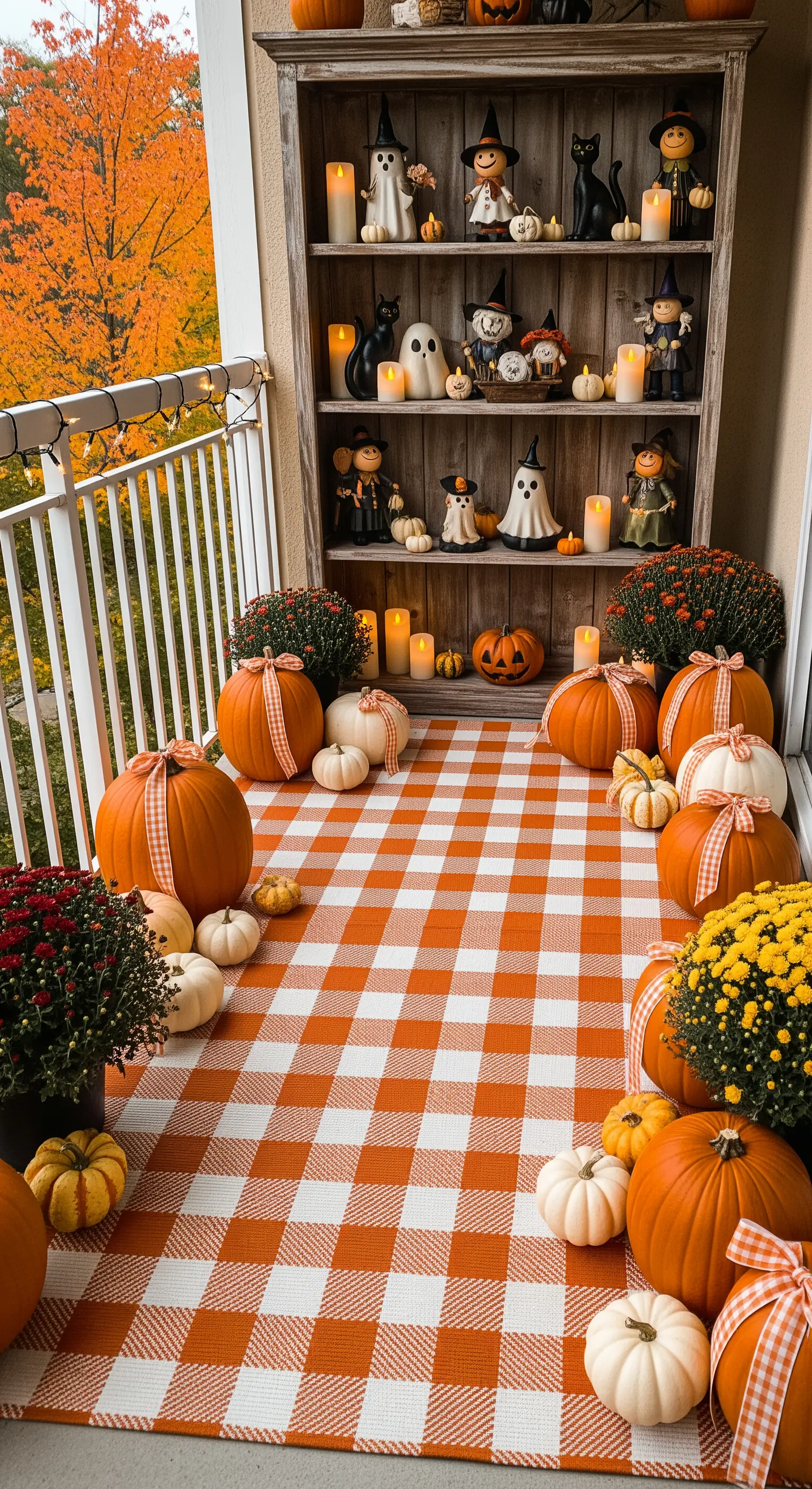 Orange-weiß karierter Teppich auf Balkon, mit vielen Kürbissen, Chrysanthemen und Deko-Regal
