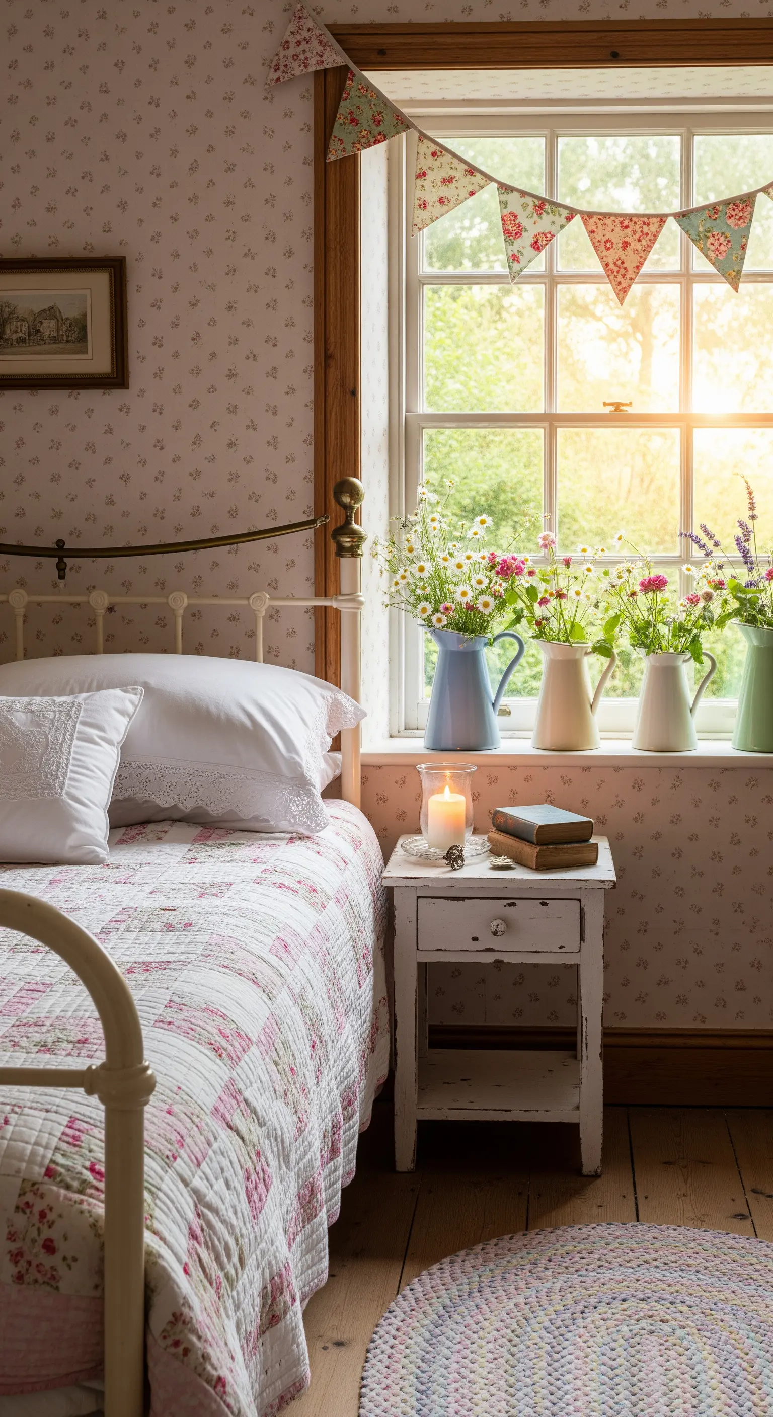 Cottagecore Schlafzimmer mit floraler Tapete, Patchwork-Decke und Wildblumen