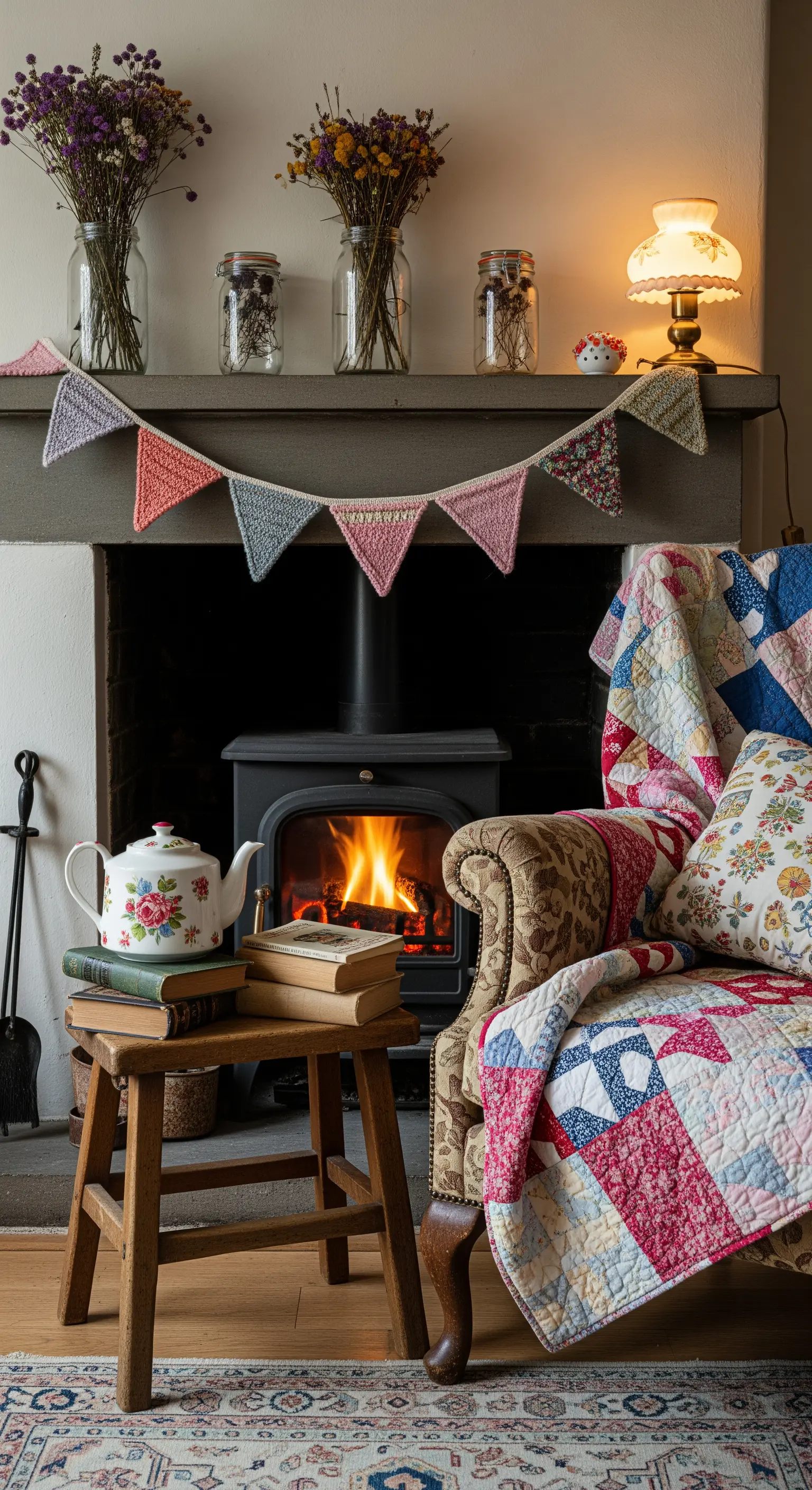 Holzofen mit getrockneten Blumen, Patchwork-Quilt und Wimpelkette, gemütlicher Cottagecore-Stil.