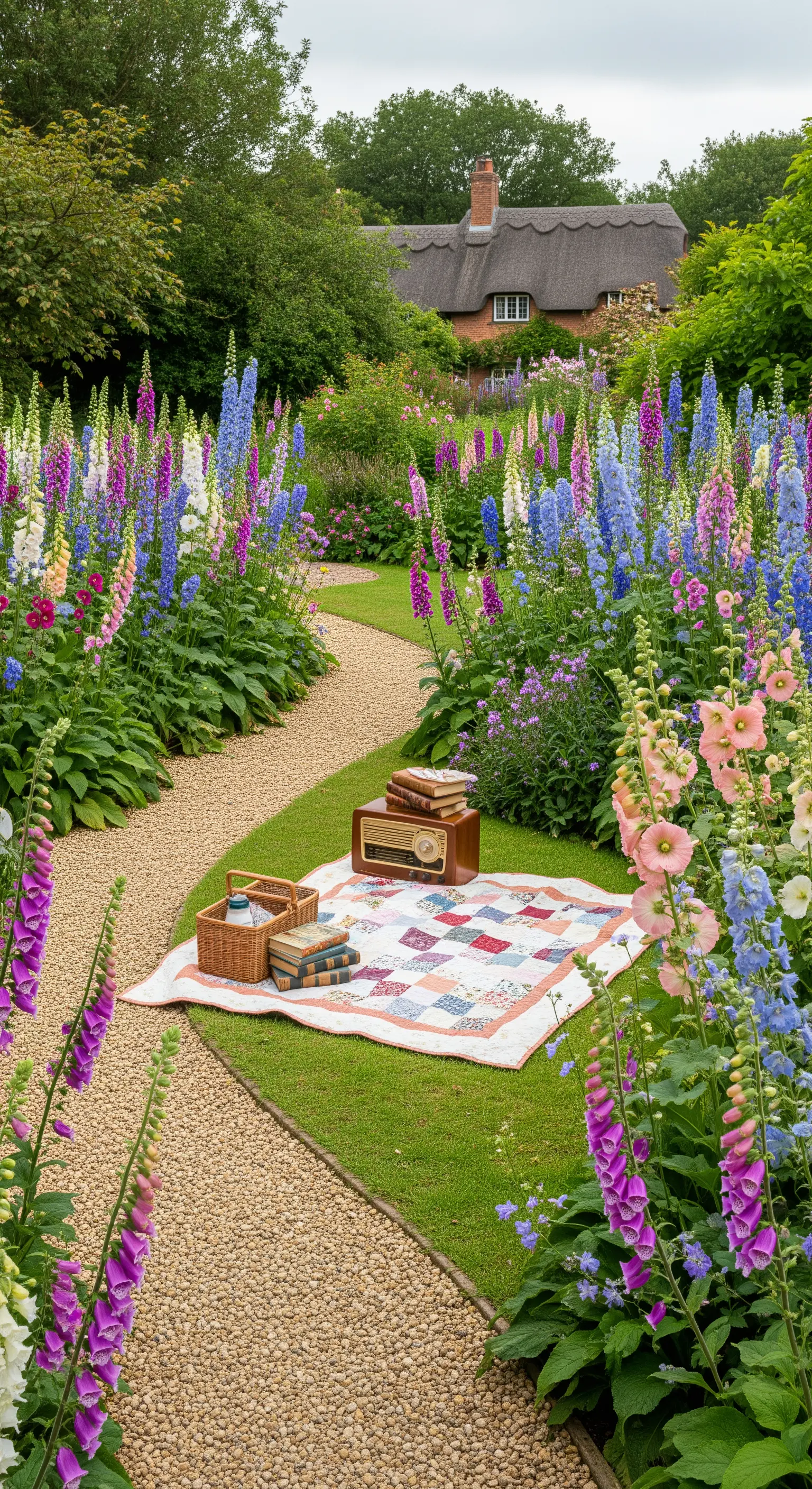 Patchwork-Picknickdecke mit Vintage-Radio und Büchern am Kiesweg im Blumengarten.