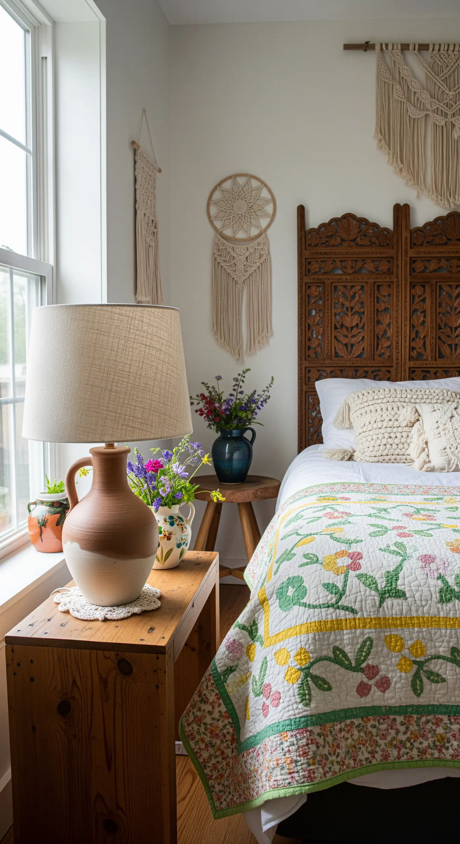 Gemütliches Boho-Schlafzimmer im Cottagecore-Stil mit Holz-Paravent und Blumen-Quilt.