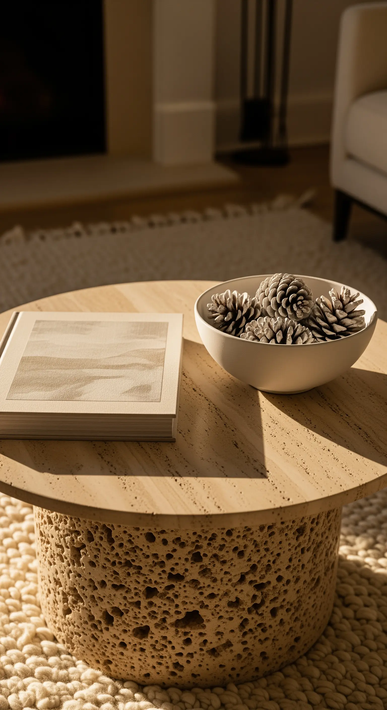 Runder Travertin-Couchtisch mit Buch und Schale voller weißer Kiefernzapfen.
