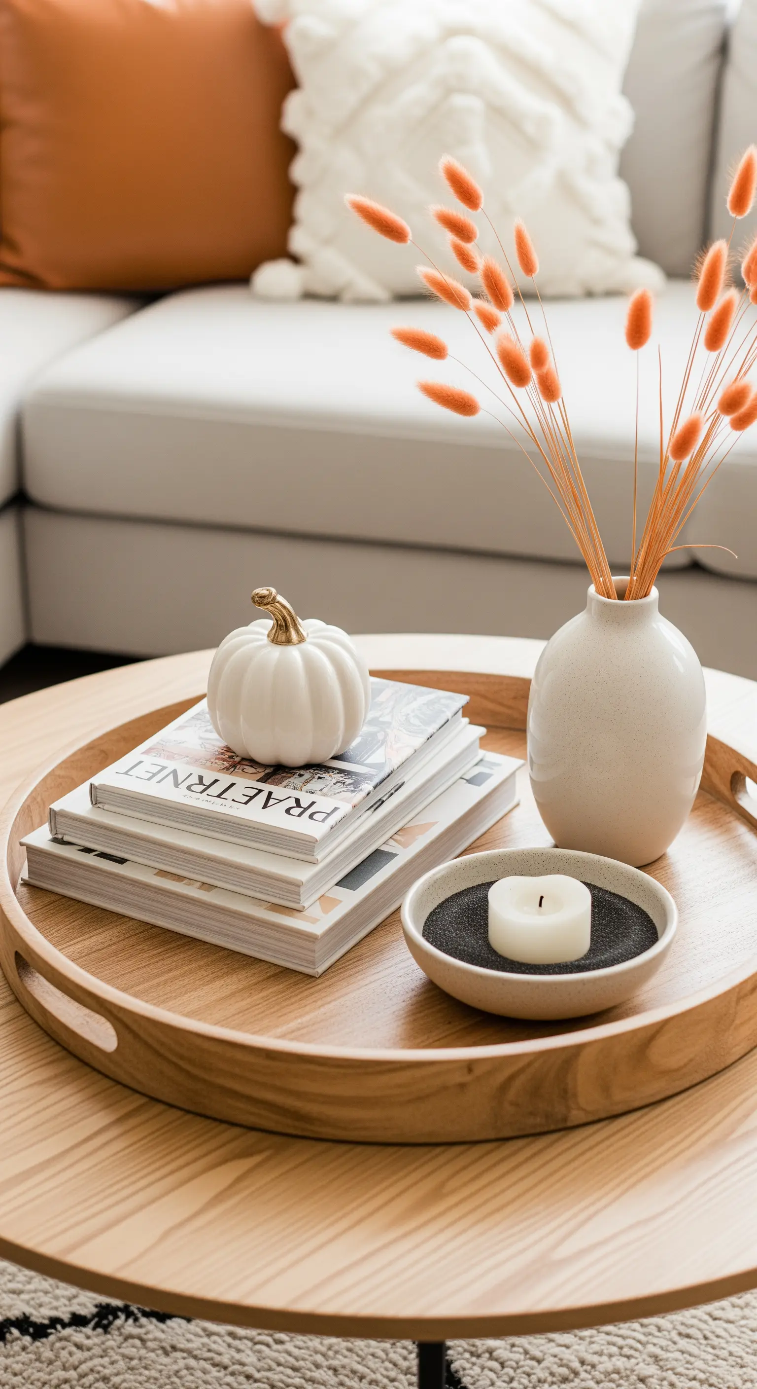 Couchtisch mit Holztablett, weißen Kürbissen, Büchern und Kerzen in Scandi-Stil.