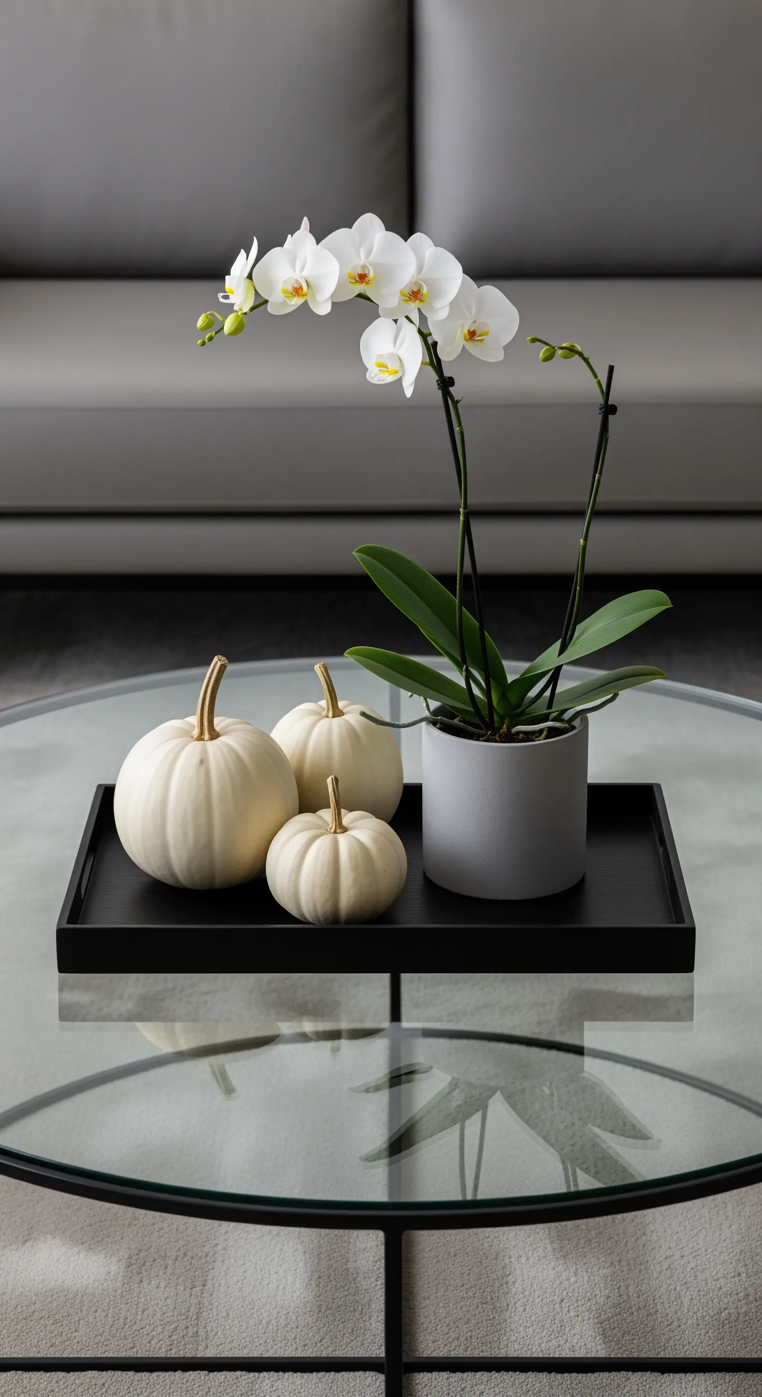 Couchtisch mit schwarzen Tablett, weißen Kürbissen und Orchidee