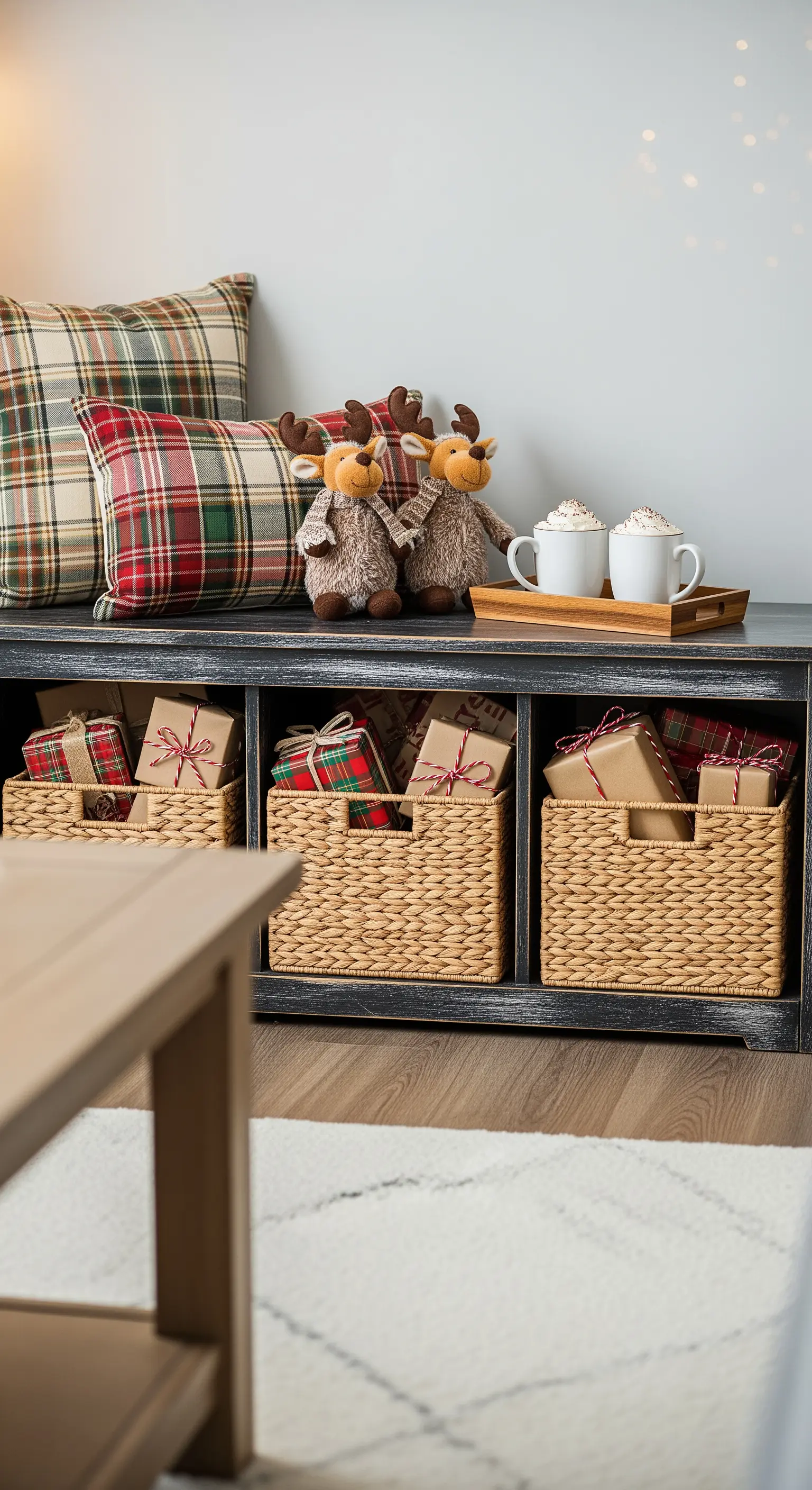 Aufbewahrungsbank mit Körben voller Geschenke, Plaid-Kissen und Plüsch-Rentieren.