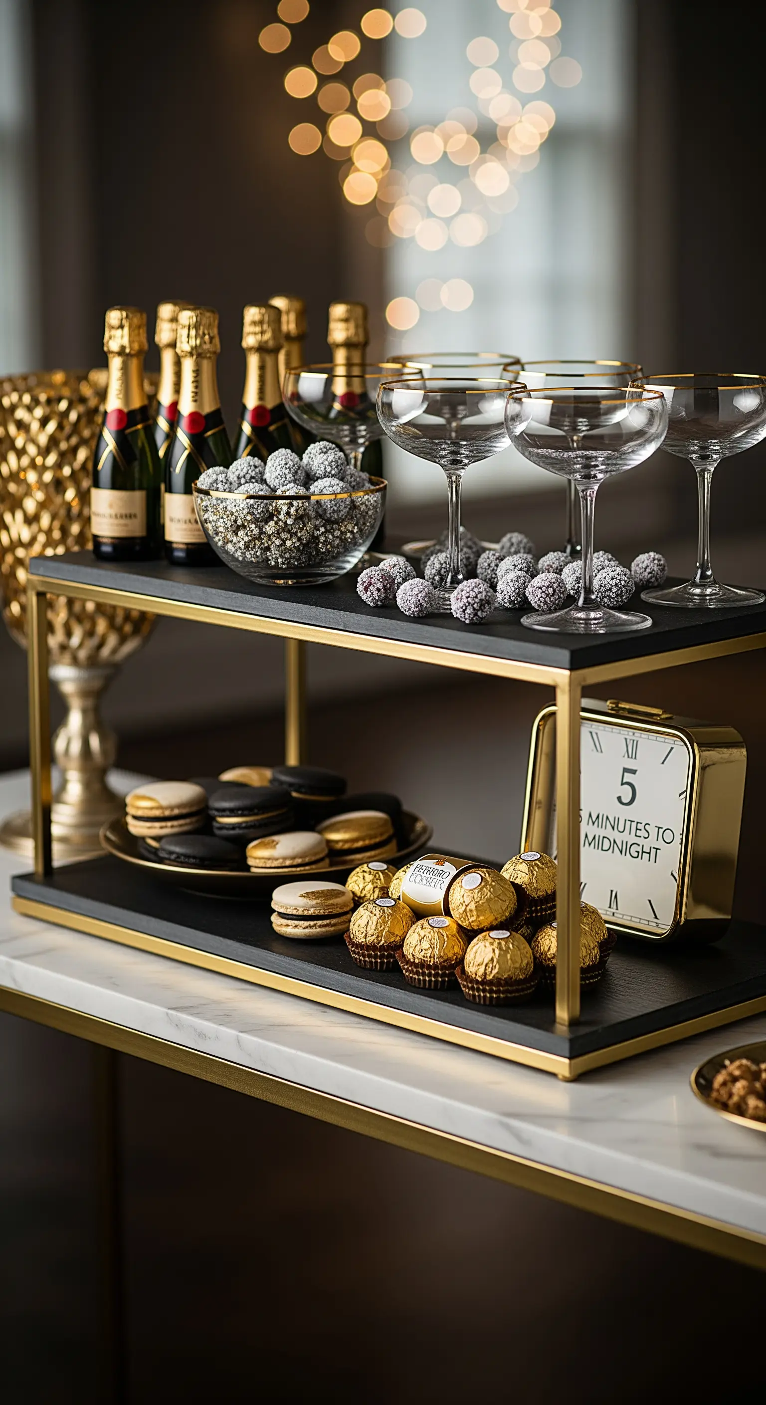 Moderne Etagere als Silvester-Bar mit Champagner und Süßigkeiten.