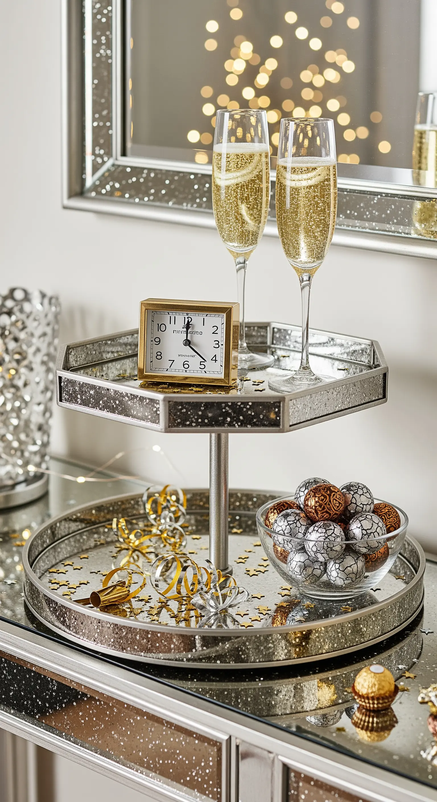Glitzernde Silvester-Etagere mit Champagnergläsern, Uhr und Pralinen.