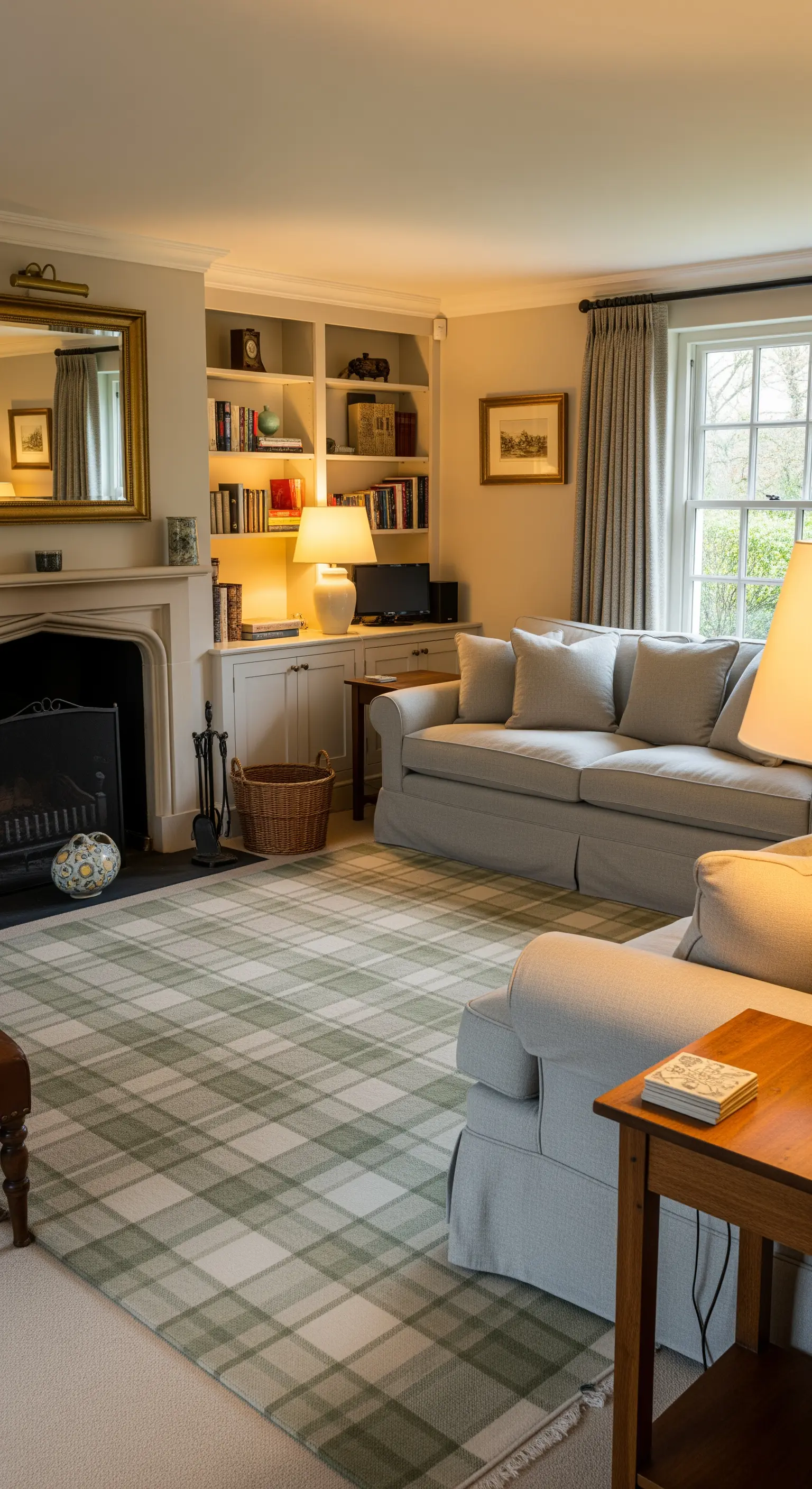 Traditionelles englisches Wohnzimmer mit Bücherregalen und einem grün-weißen Karoteppich.