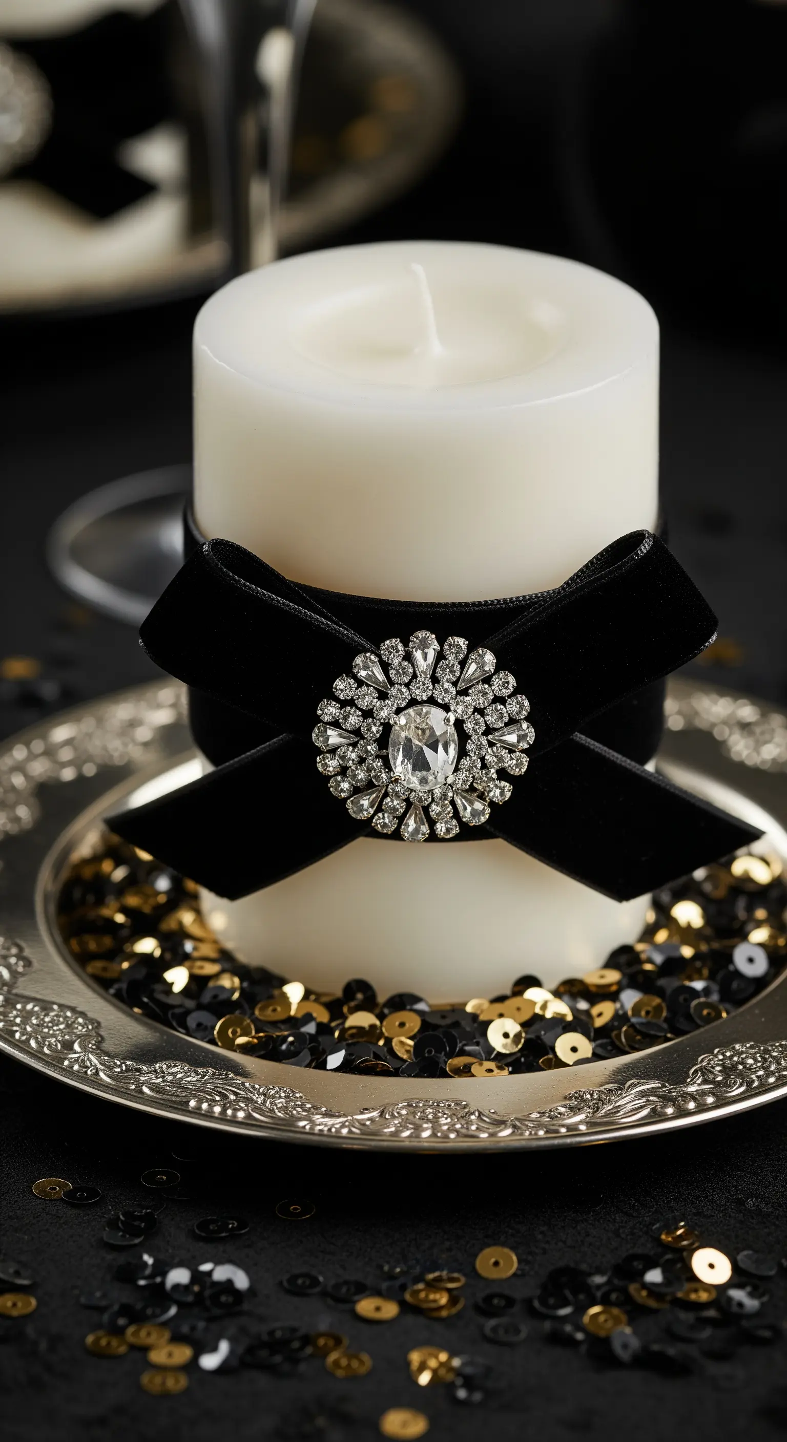 Weiße Stumpenkerze verziert mit einer schwarzen Samtschleife und einer glitzernden Brosche.