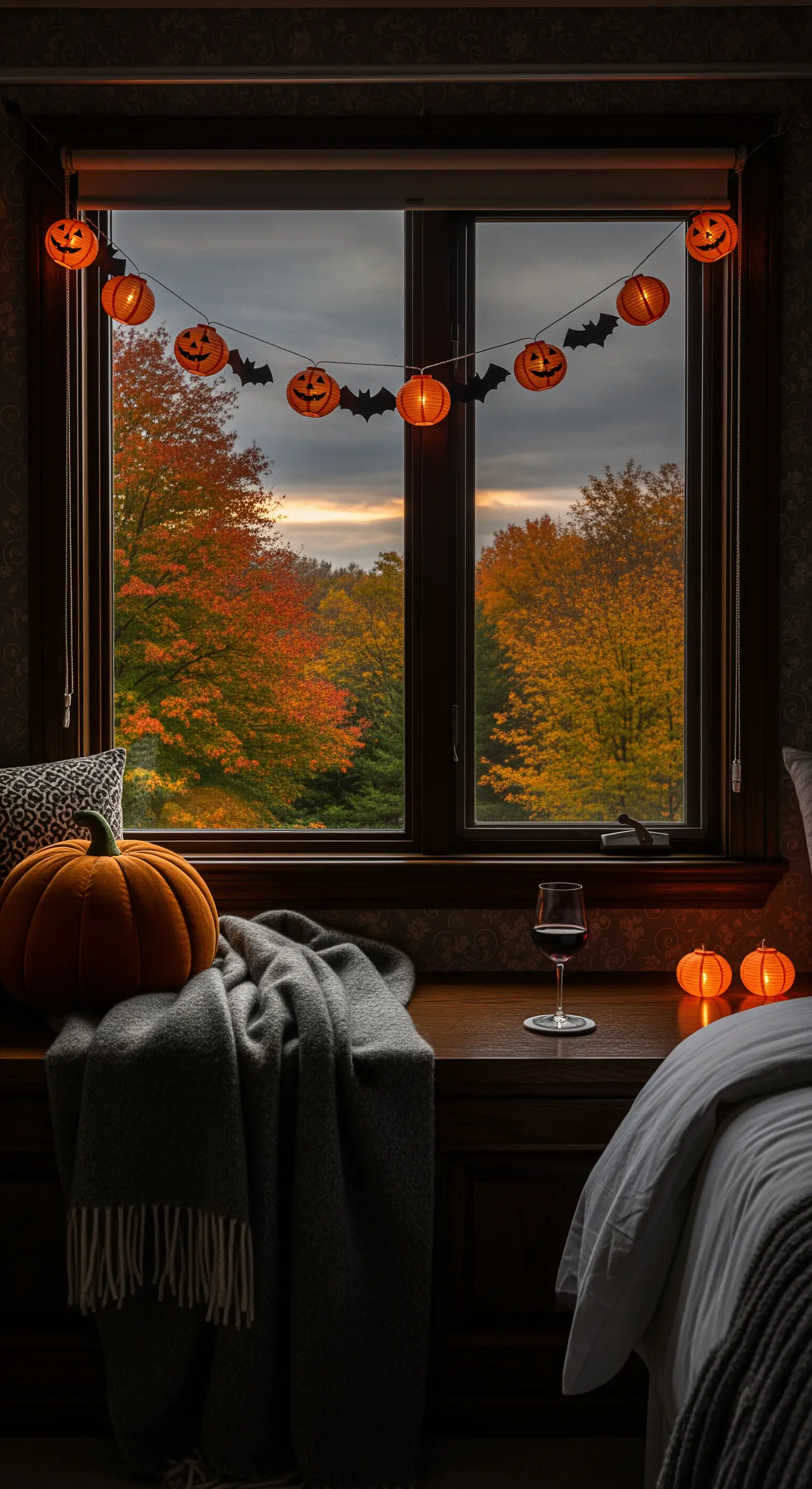 Fensterbank mit Decke, Plüschkürbis, Kürbis-Lichterkette und Rotwein mit Herbstblick