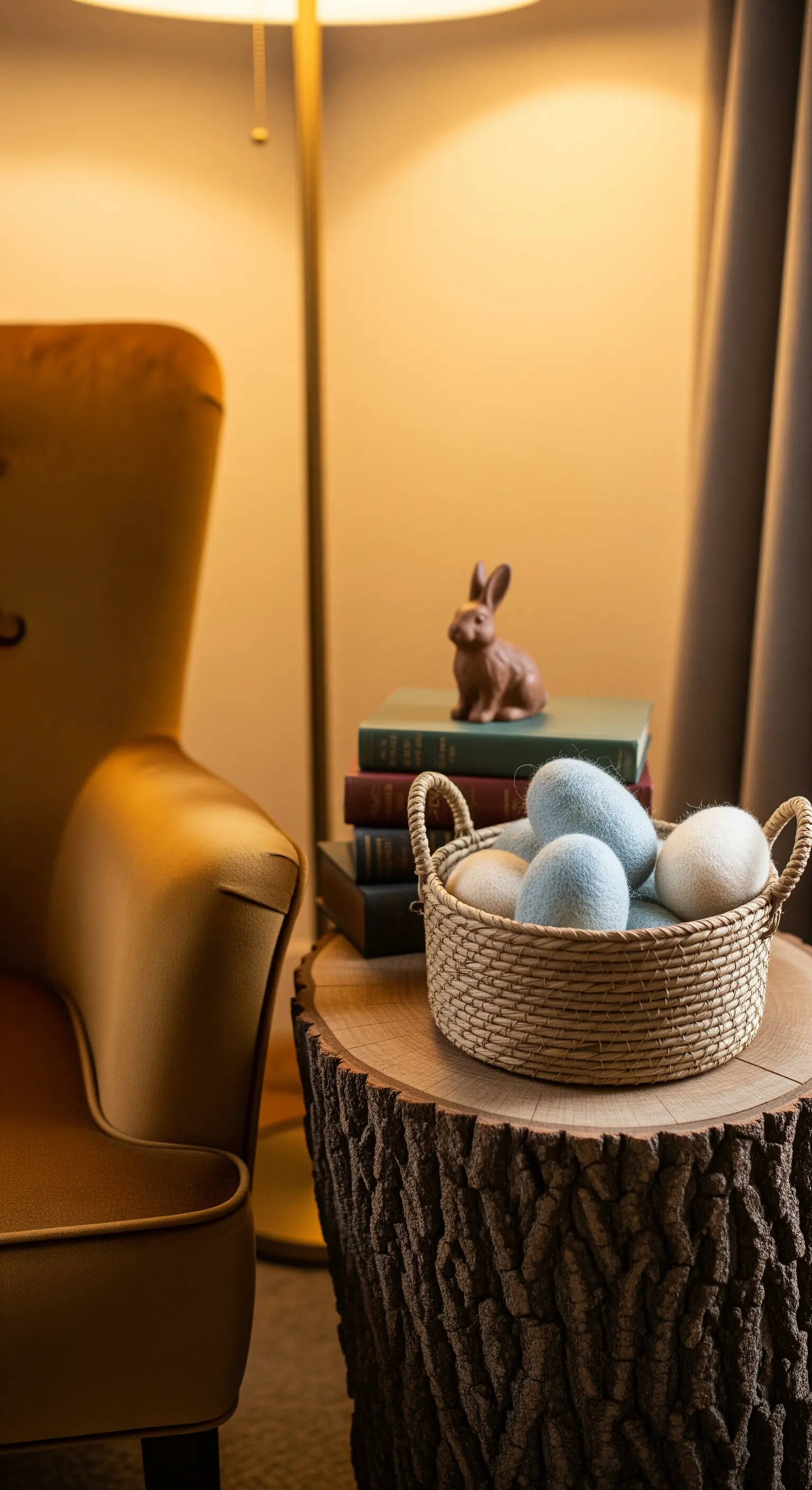 Gemütliche Leseecke mit Korb voller Filzeier und Holzschemel
