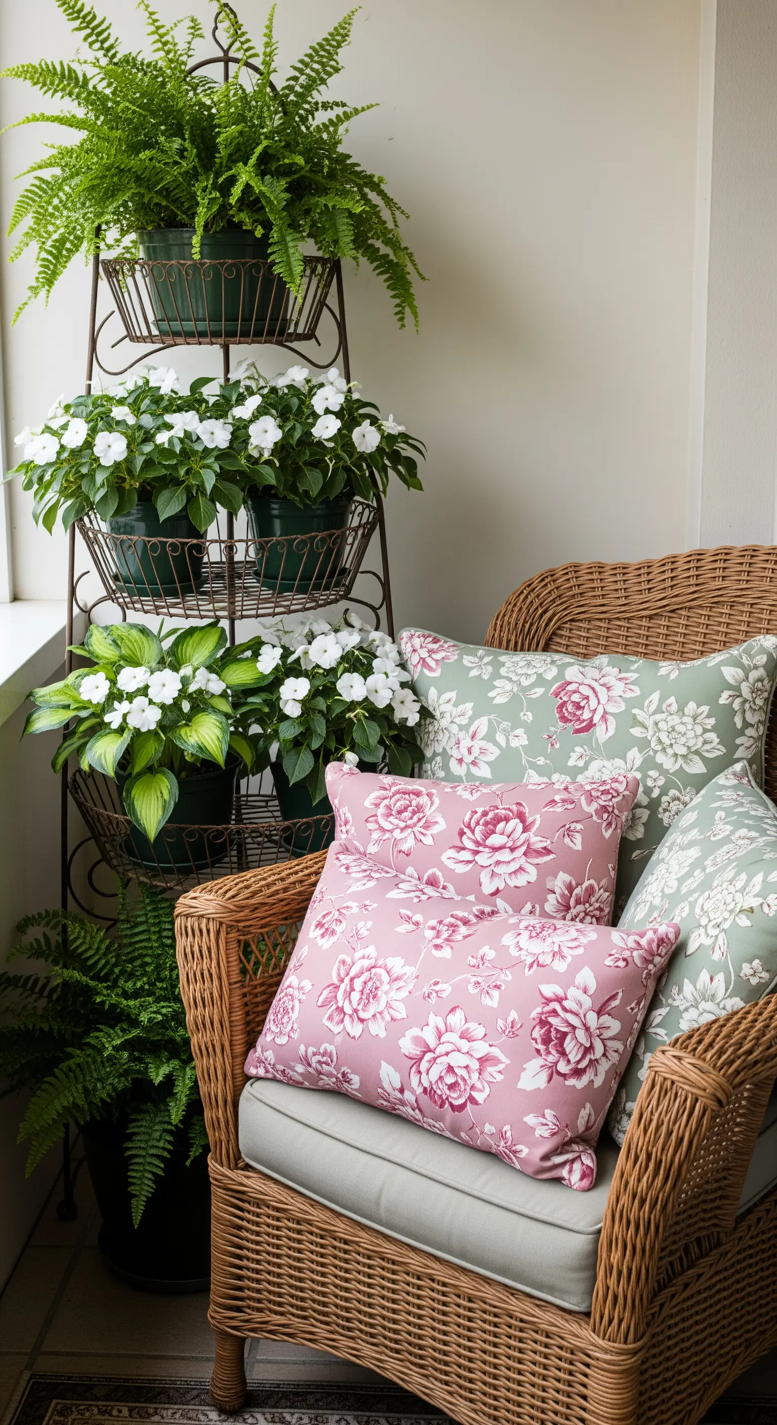 Korbsessel mit floralen Kissen, umgeben von Pflanzen auf einem Metallständer