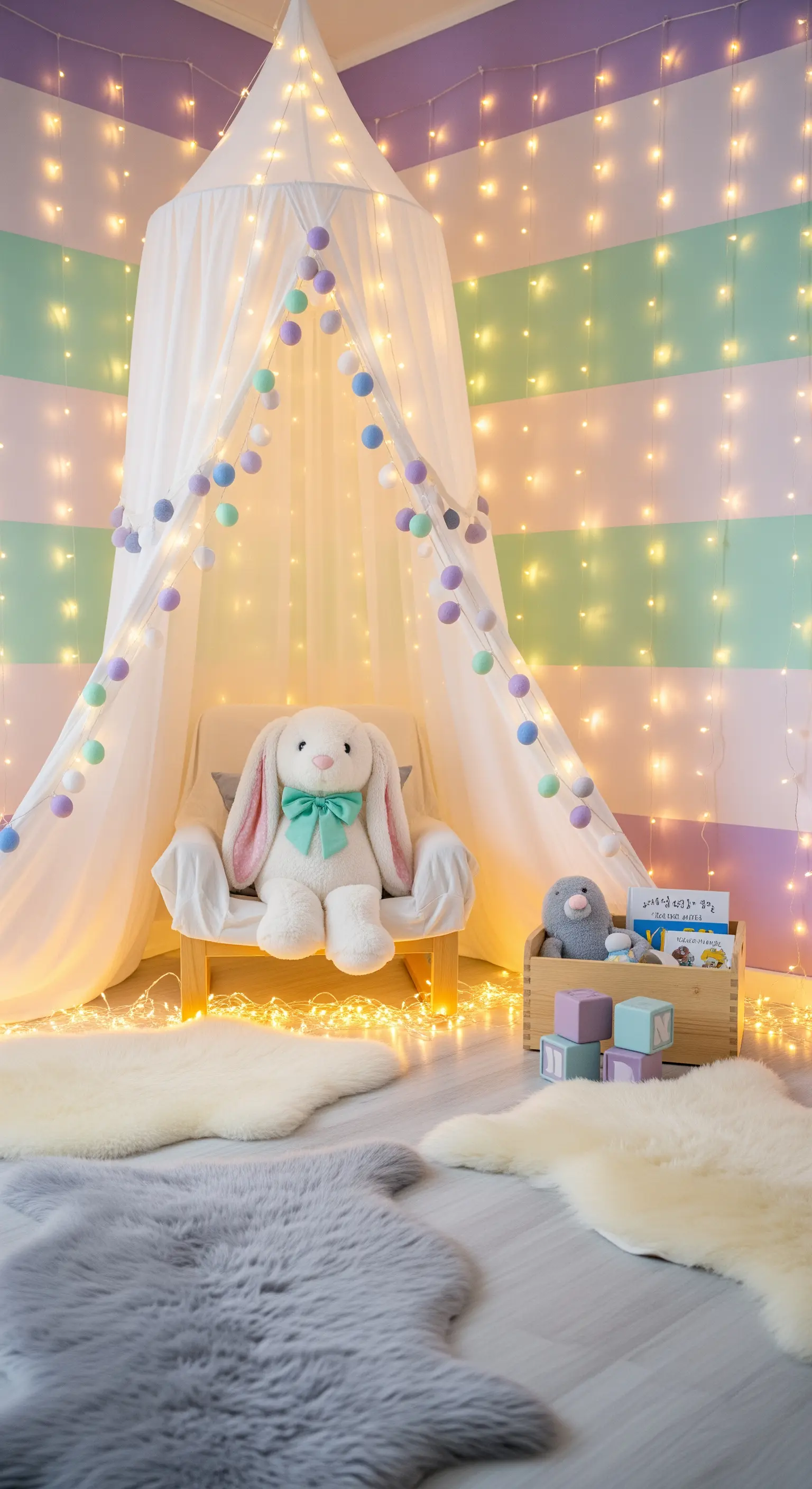 Cozy Leseecke im Kinderzimmer mit Baldachin, Lichterketten und Pastell-Deko.