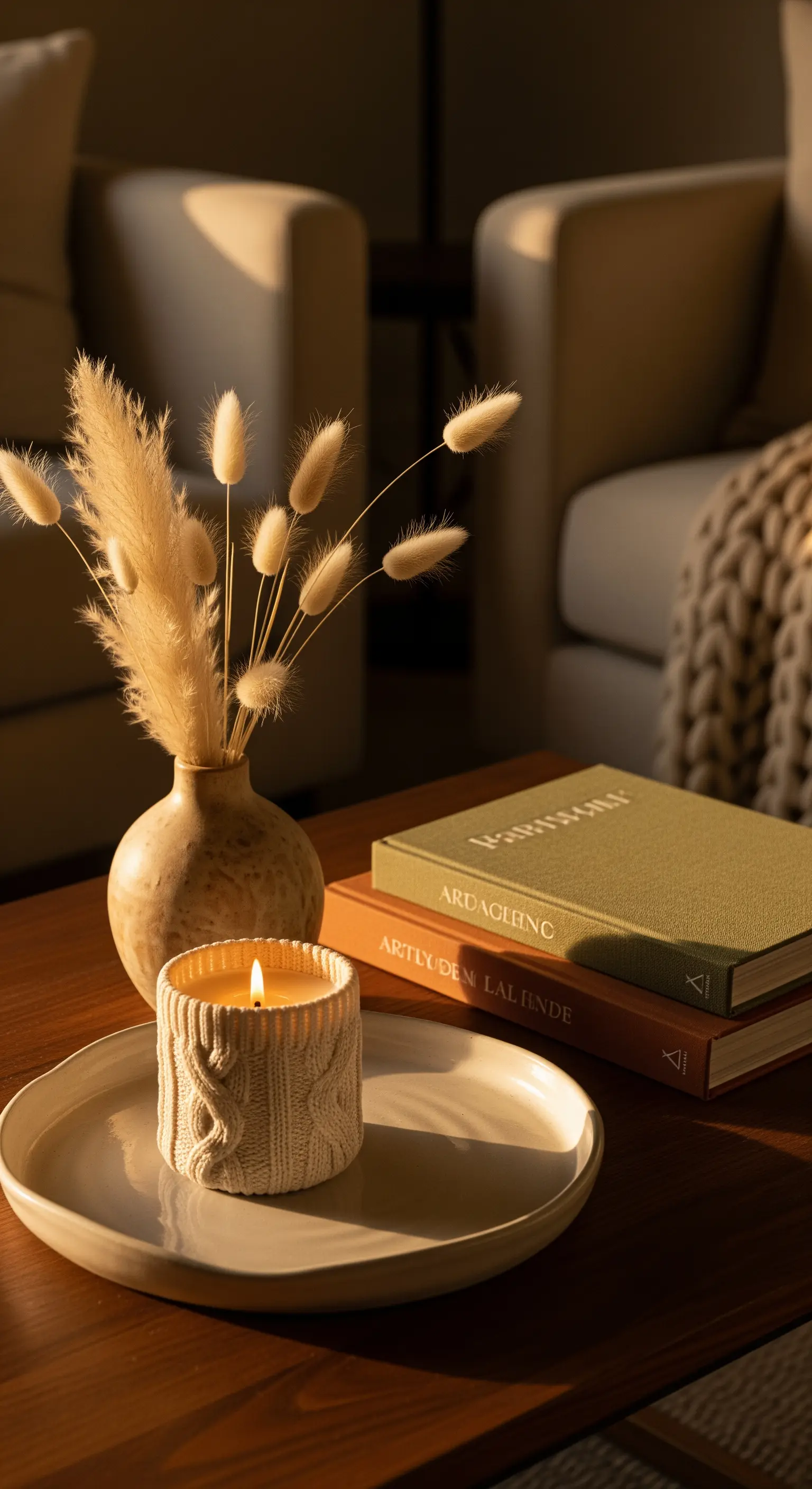 Couchtischdeko, Pampasgras, Bücher, Strickkerze