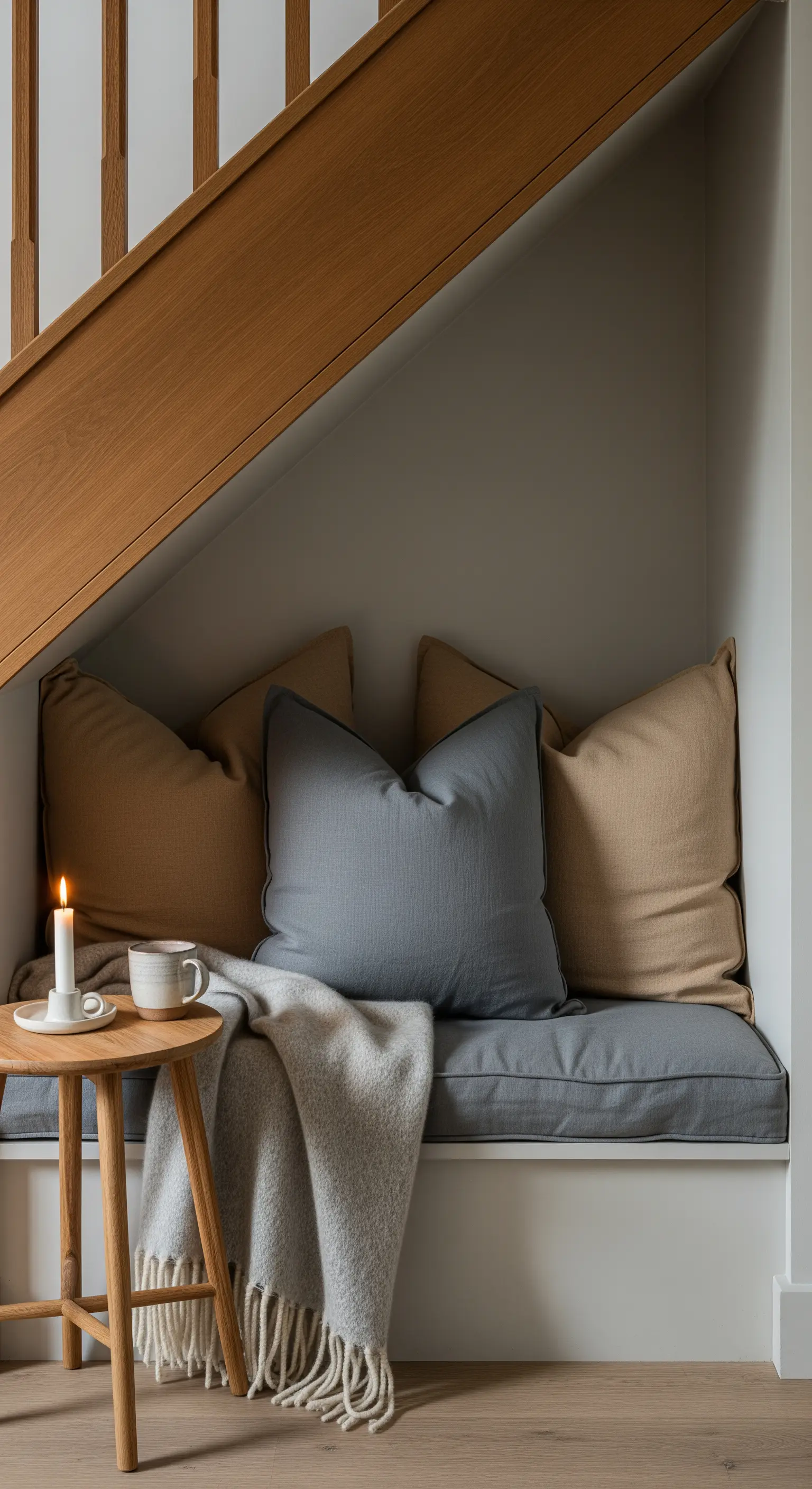 Gemütliche Sitzecke unter Treppe mit Kissen, Kerze, Decke und Holzhocker