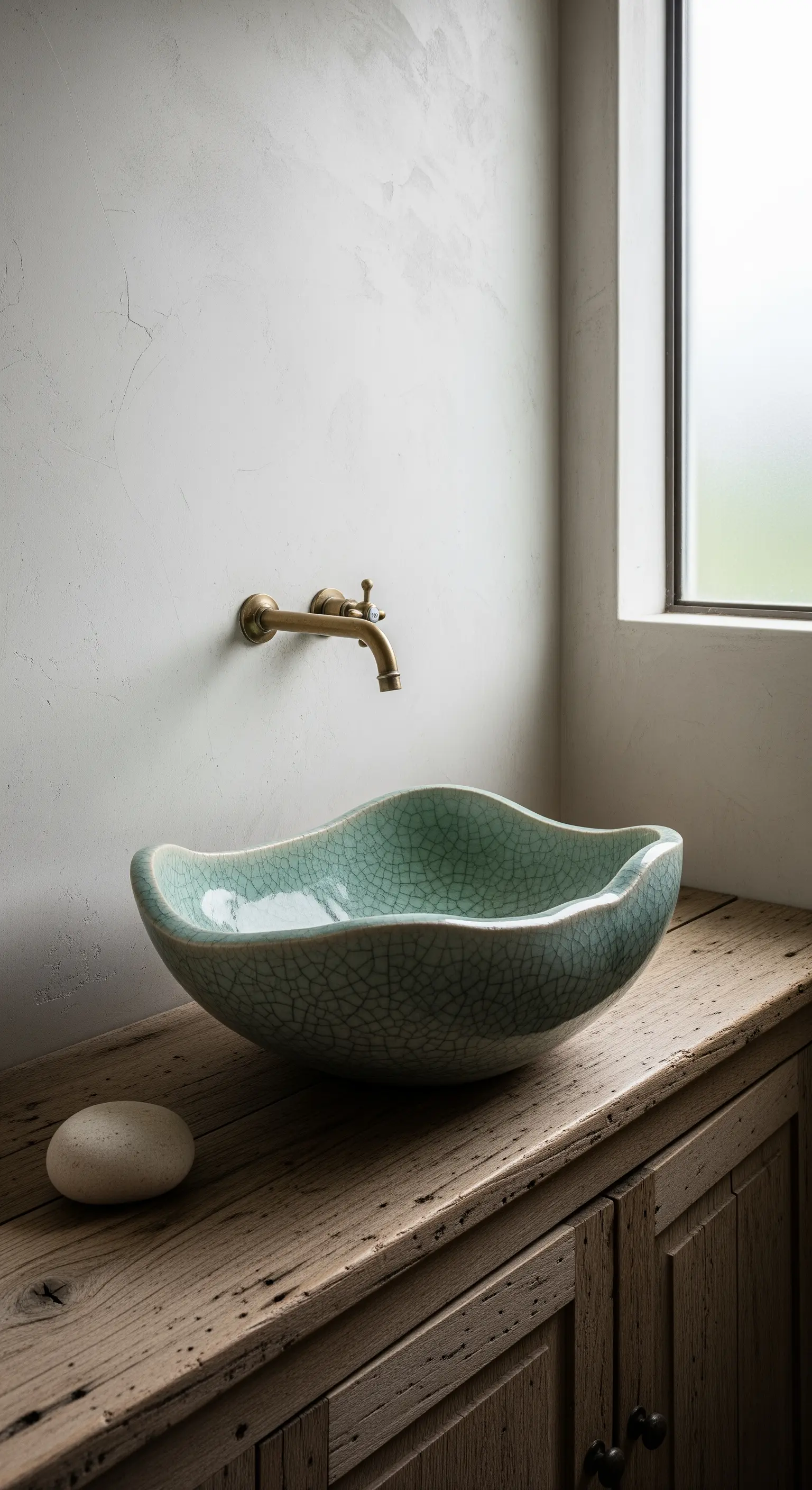 Grünliches Keramikwaschbecken mit Craquelé-Glasur auf einer alten Holzkommode.