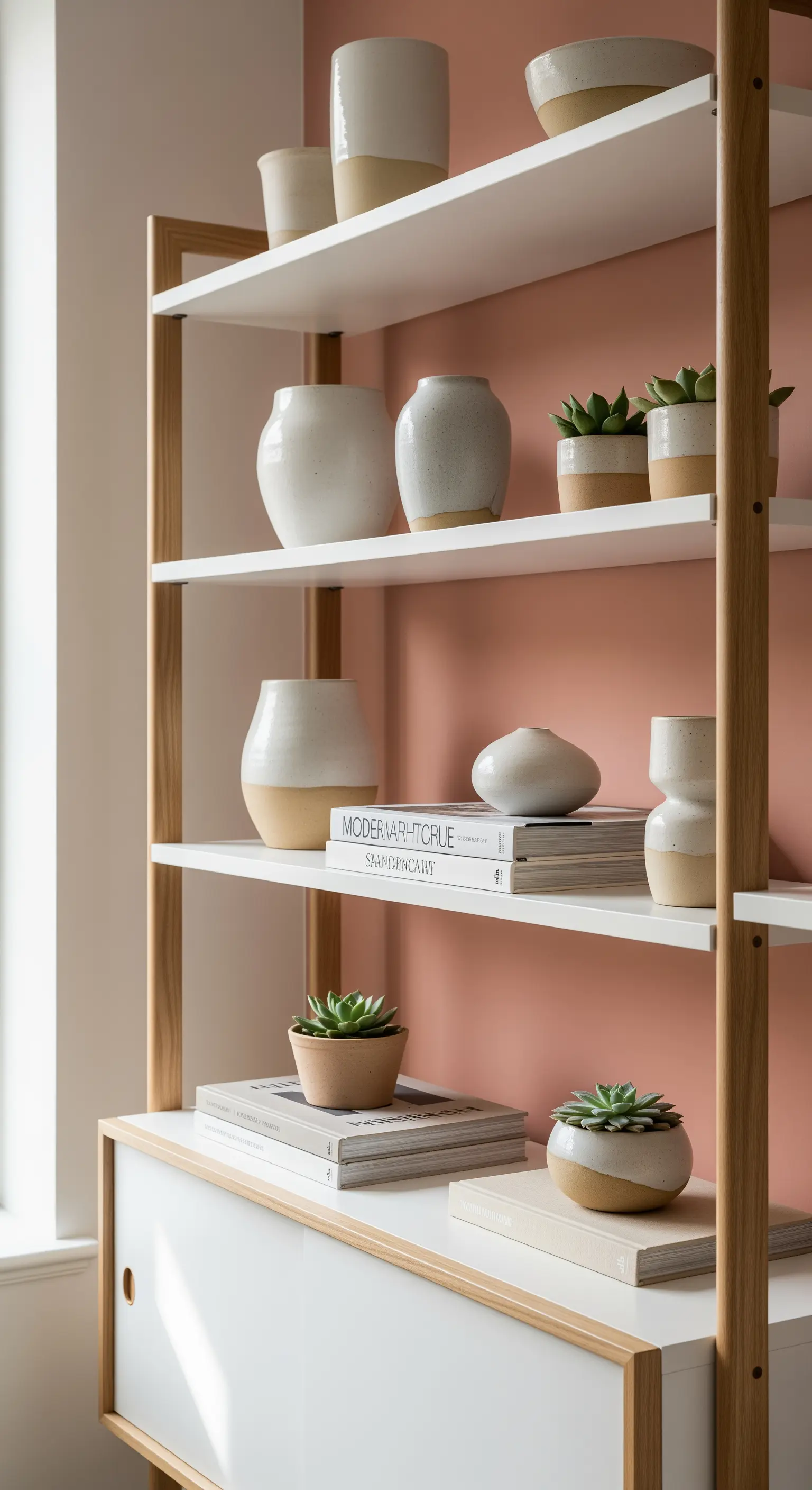 Offenes Regal mit Keramikvasen, Sukkulenten und Büchern auf rosa Hintergrund