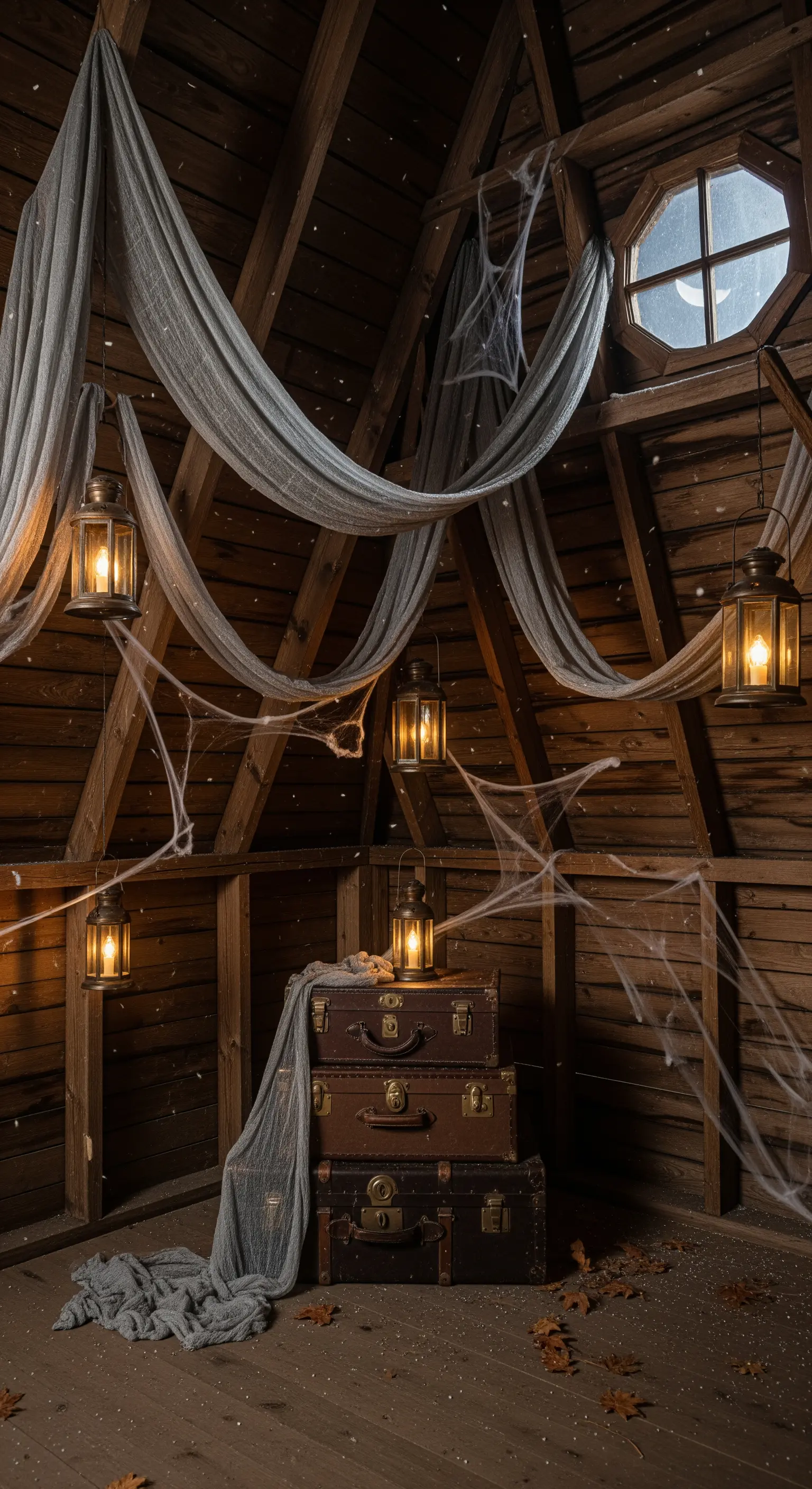 Halloween-Dachboden mit Laternen, wehendem Stoff und alten Koffern.