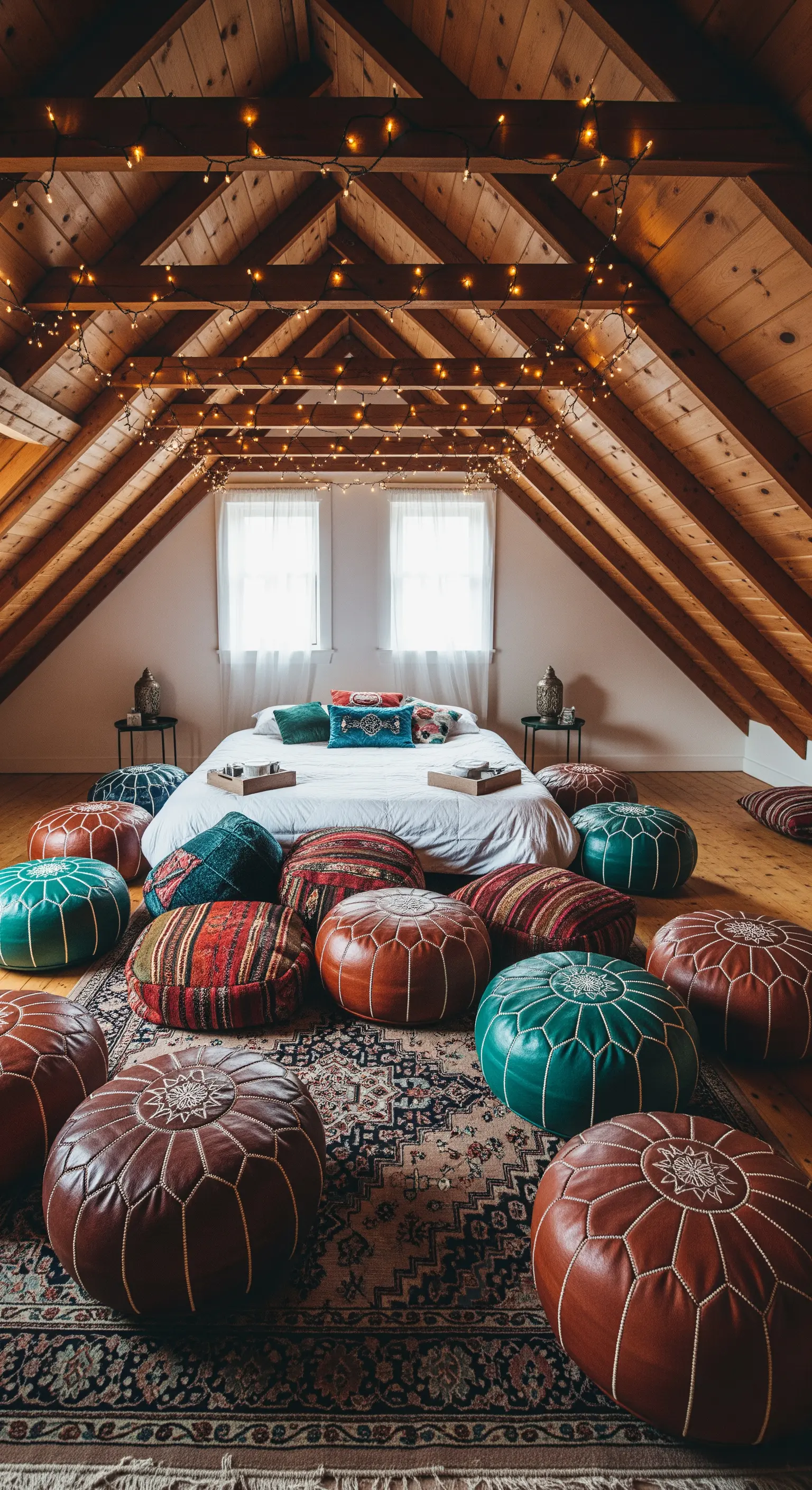 Gemütlicher Dachboden mit Holzbalken, vielen Lichterketten und marokkanischen Sitzkissen am Boden