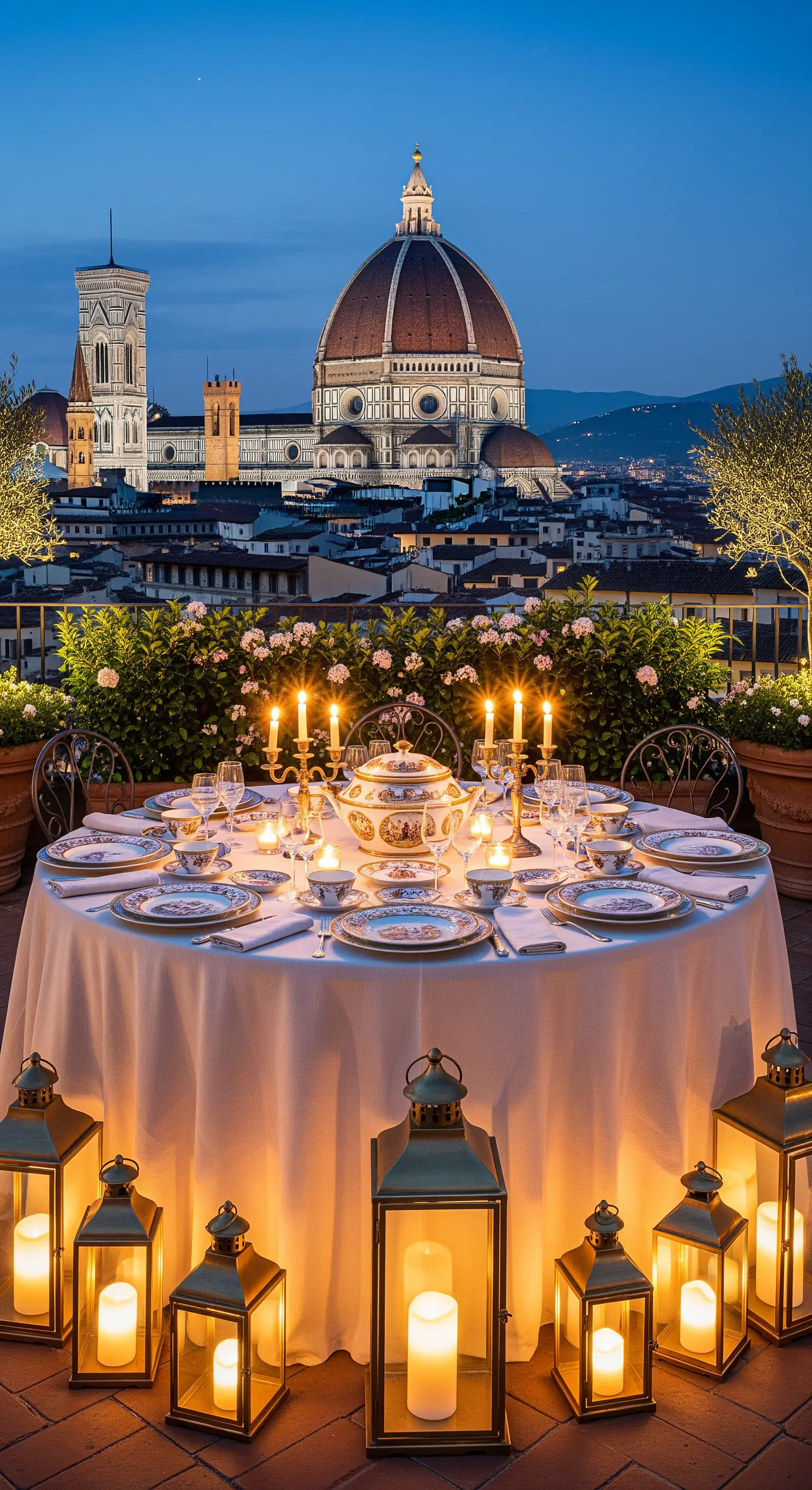 Rooftop-Dinner in Florenz mit Laternen, Kerzen, Porzellan und Stadtpanorama