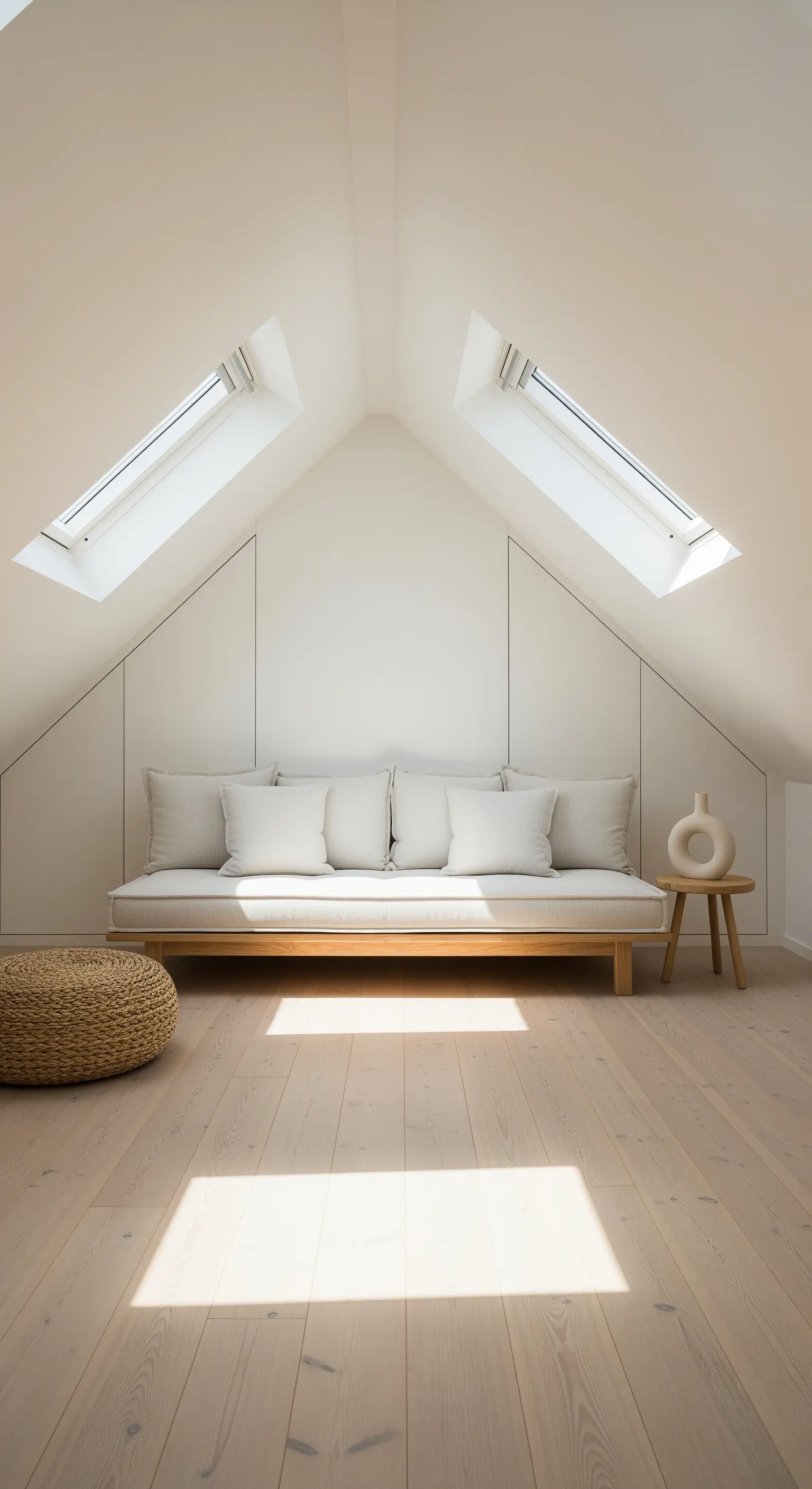 Minimalistisches Dachgeschoss mit hellem Sofa und Dachfenstern
