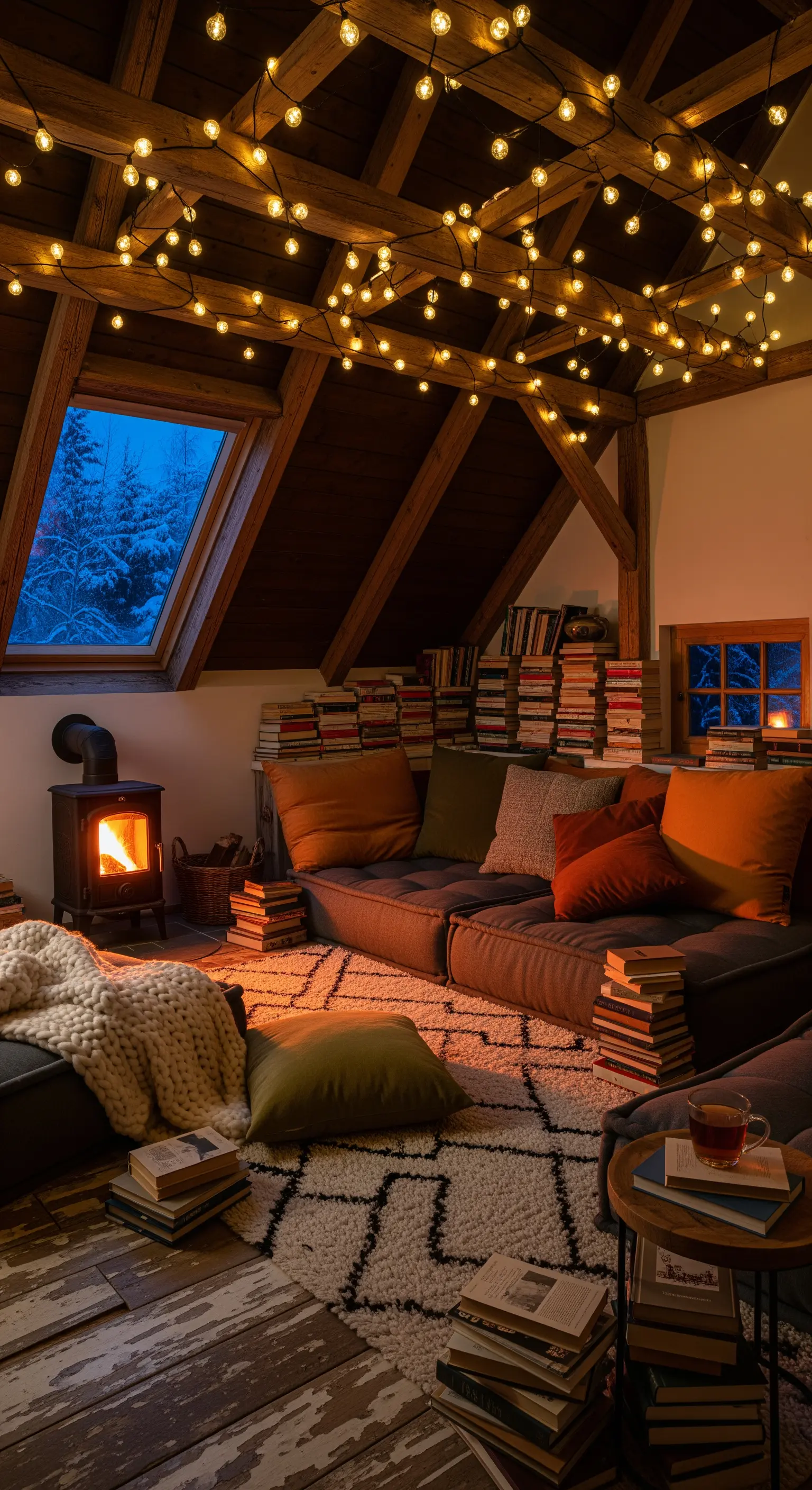 Dachgeschoss-Leseecke mit vielen Lichterketten, Büchern, Bodenkissen und Holzofen.