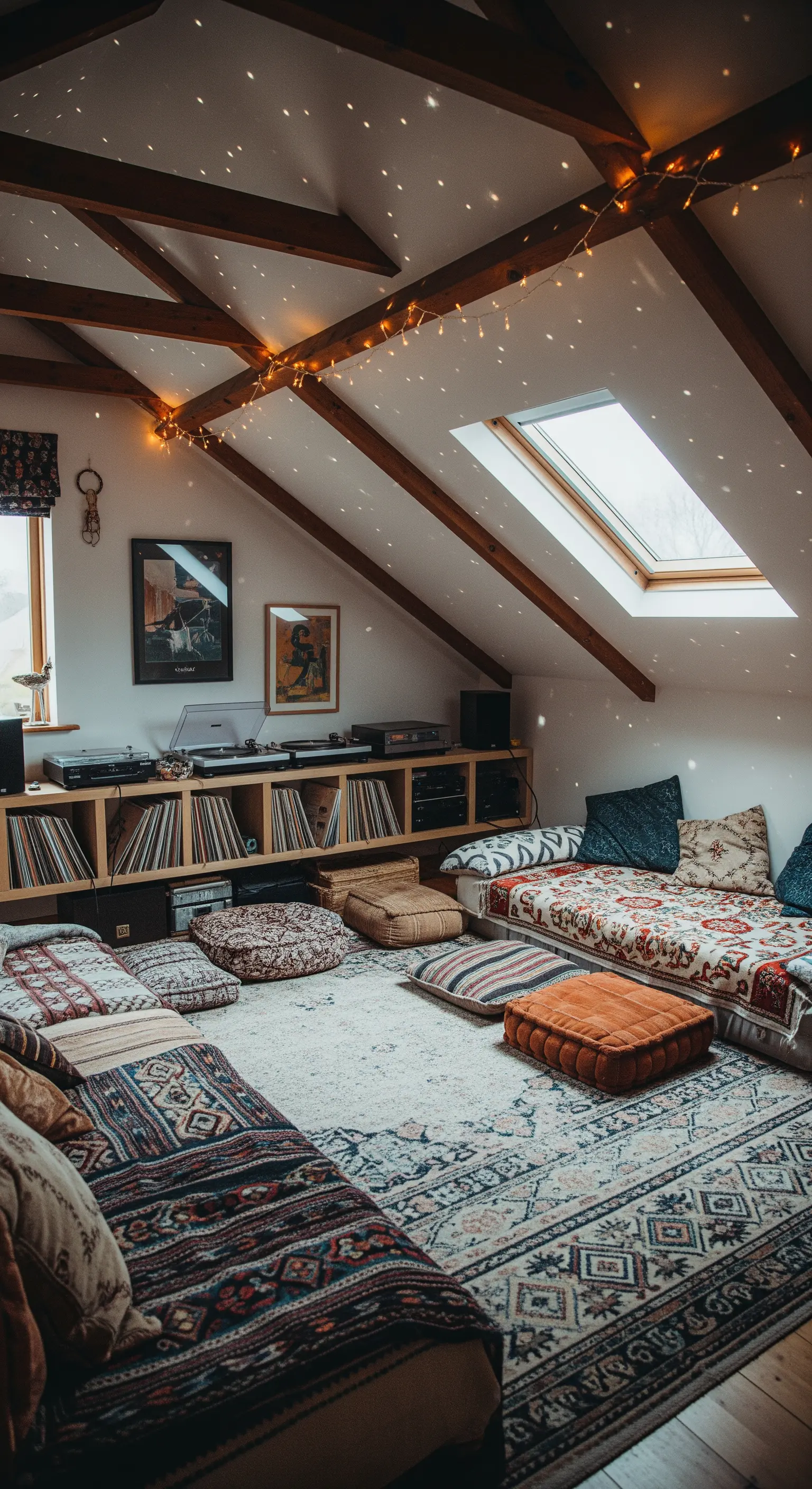 Gemütliche Hör-Lounge im Dachgeschoss mit Bodenkissen und Lichterketten