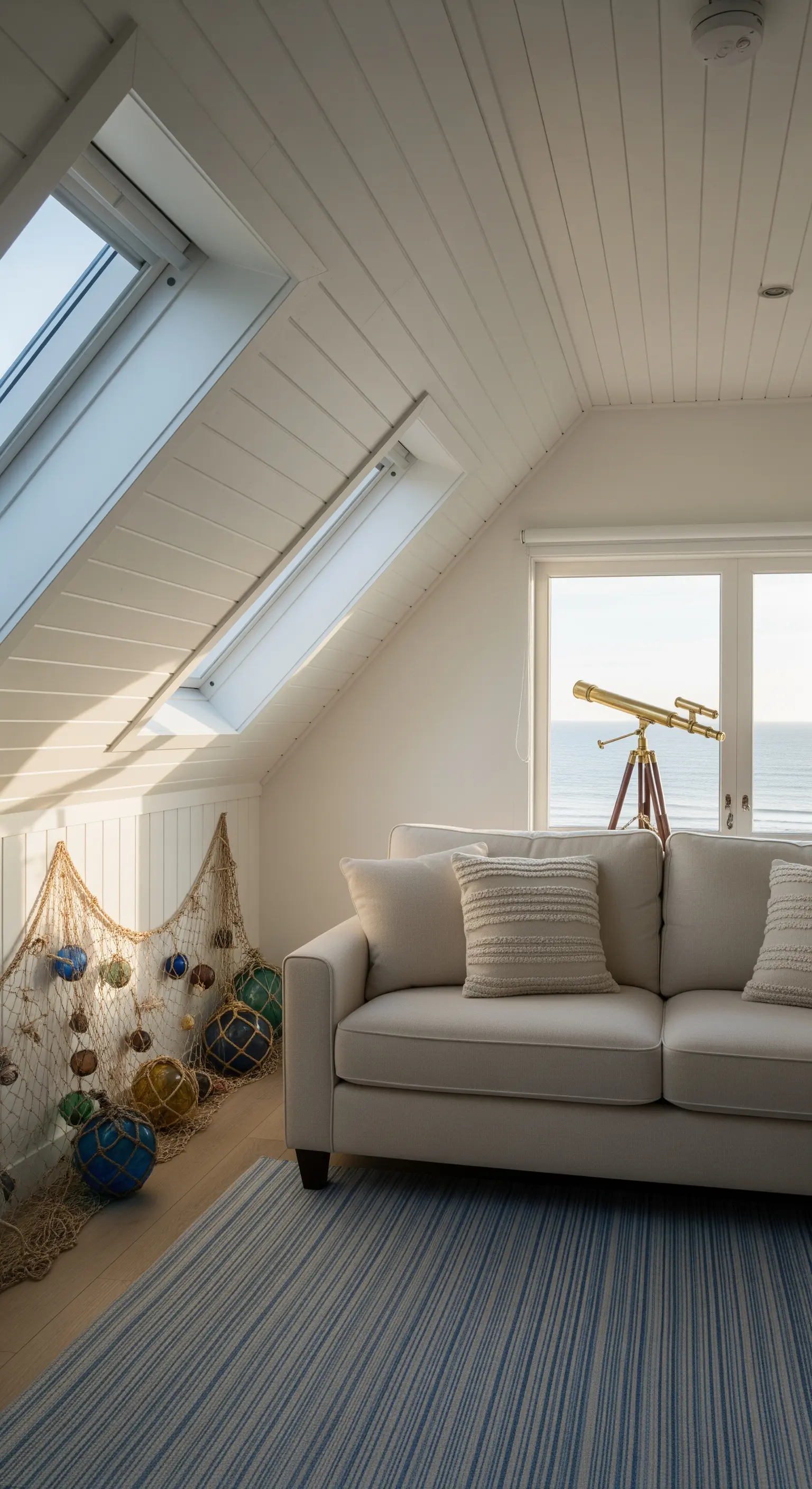 Dachgeschoss mit Meerblick, Sofa, gestreiftem Teppich, Fischernetz und Teleskop.