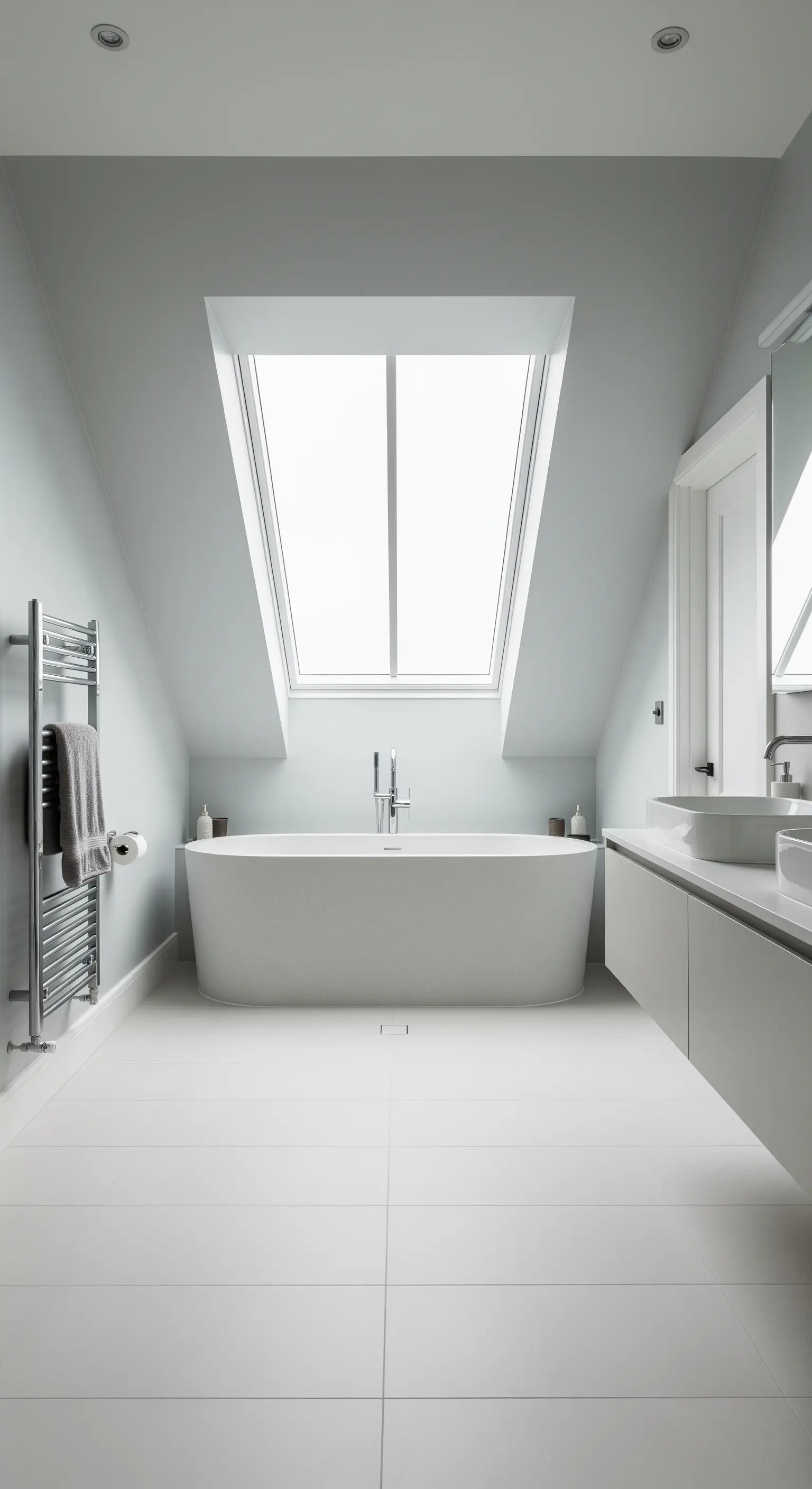 Weiße freistehende Badewanne direkt unter einem großen Dachfenster in einem minimalistischen Dachbad.