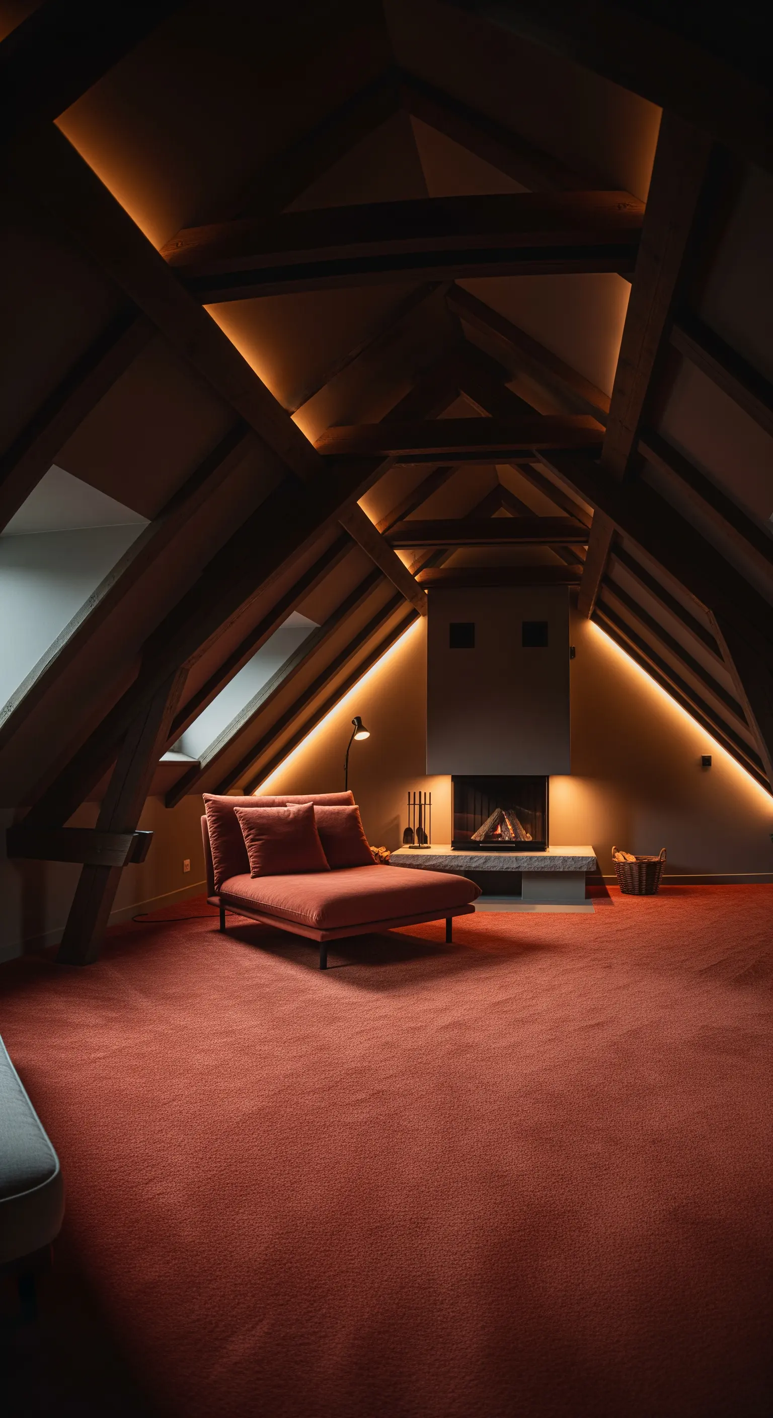 Dachgeschoss mit indirekter Beleuchtung, Rostrot-Teppich und Récamiere
