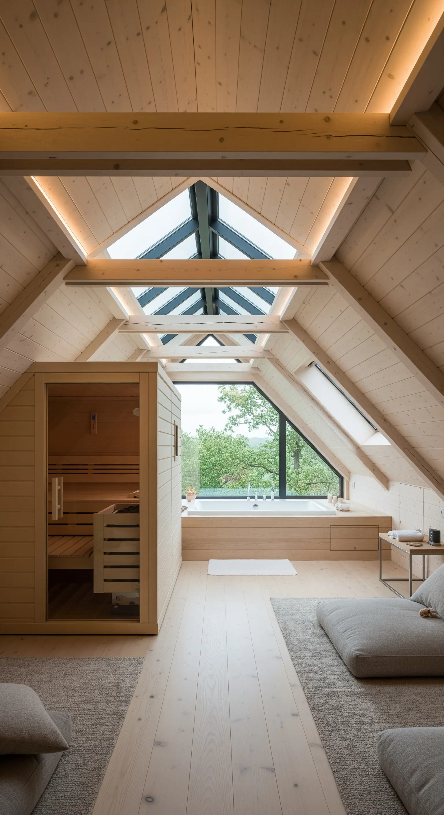 Dachgeschoss-Badezimmer aus Holz mit Sauna und großen Dachfenstern.
