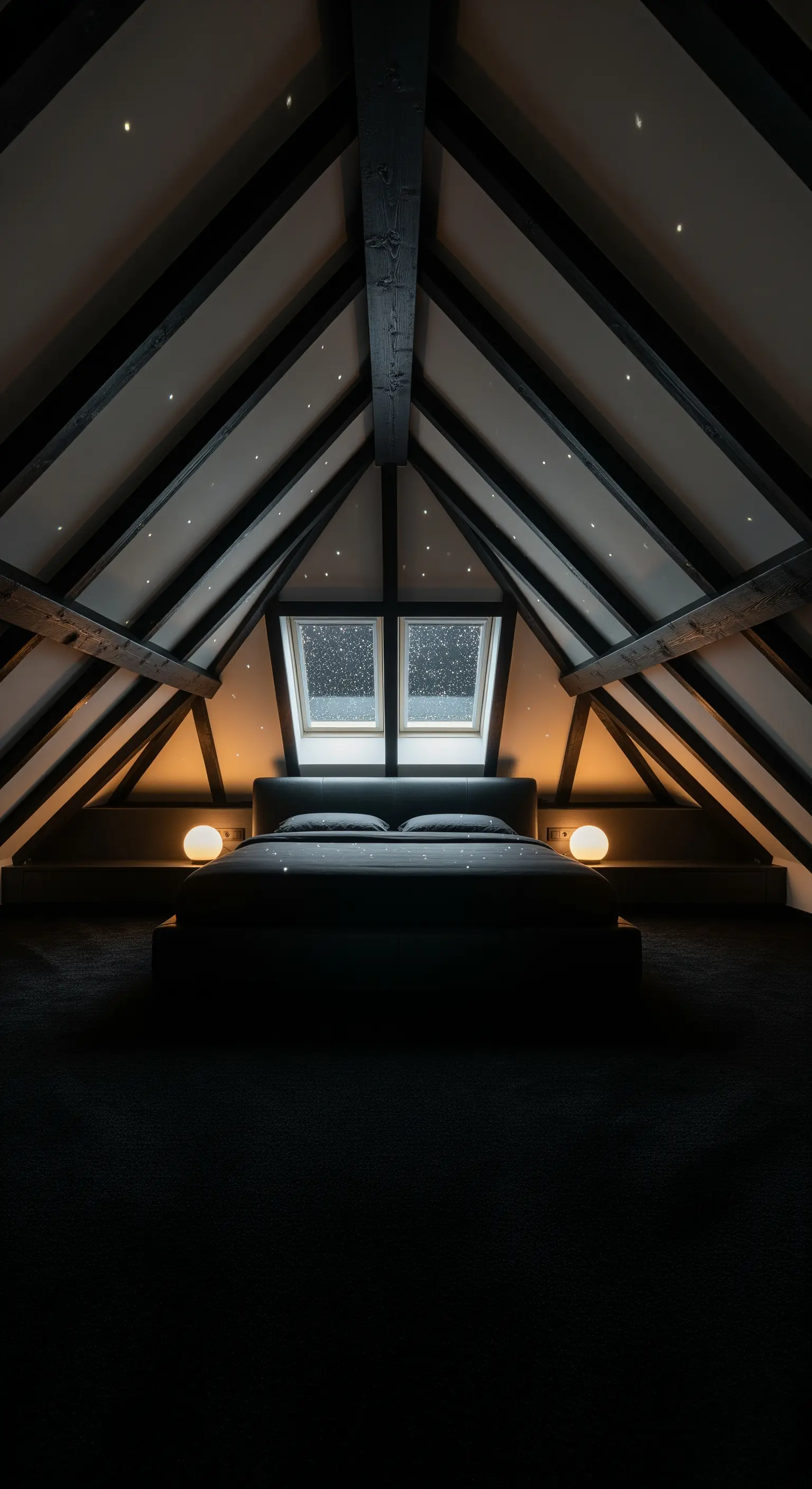 Dachgeschoss-Schlafzimmer mit Holzbalken, Sternenlichtern und Dachfenster über dem Bett