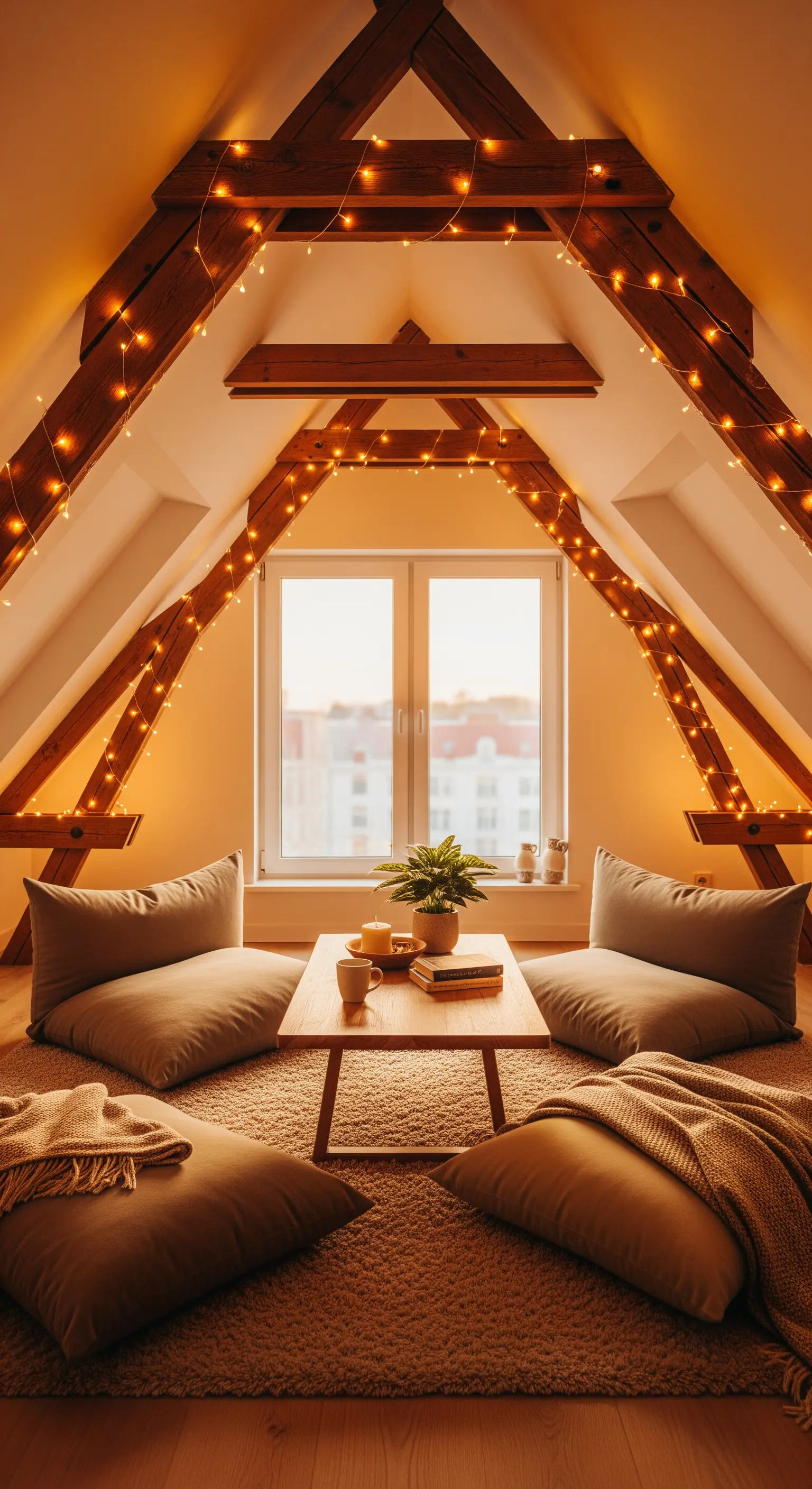 Dachzimmer mit Holzbalken, Lichterketten, Bodenkissen und niedrigem Couchtisch.