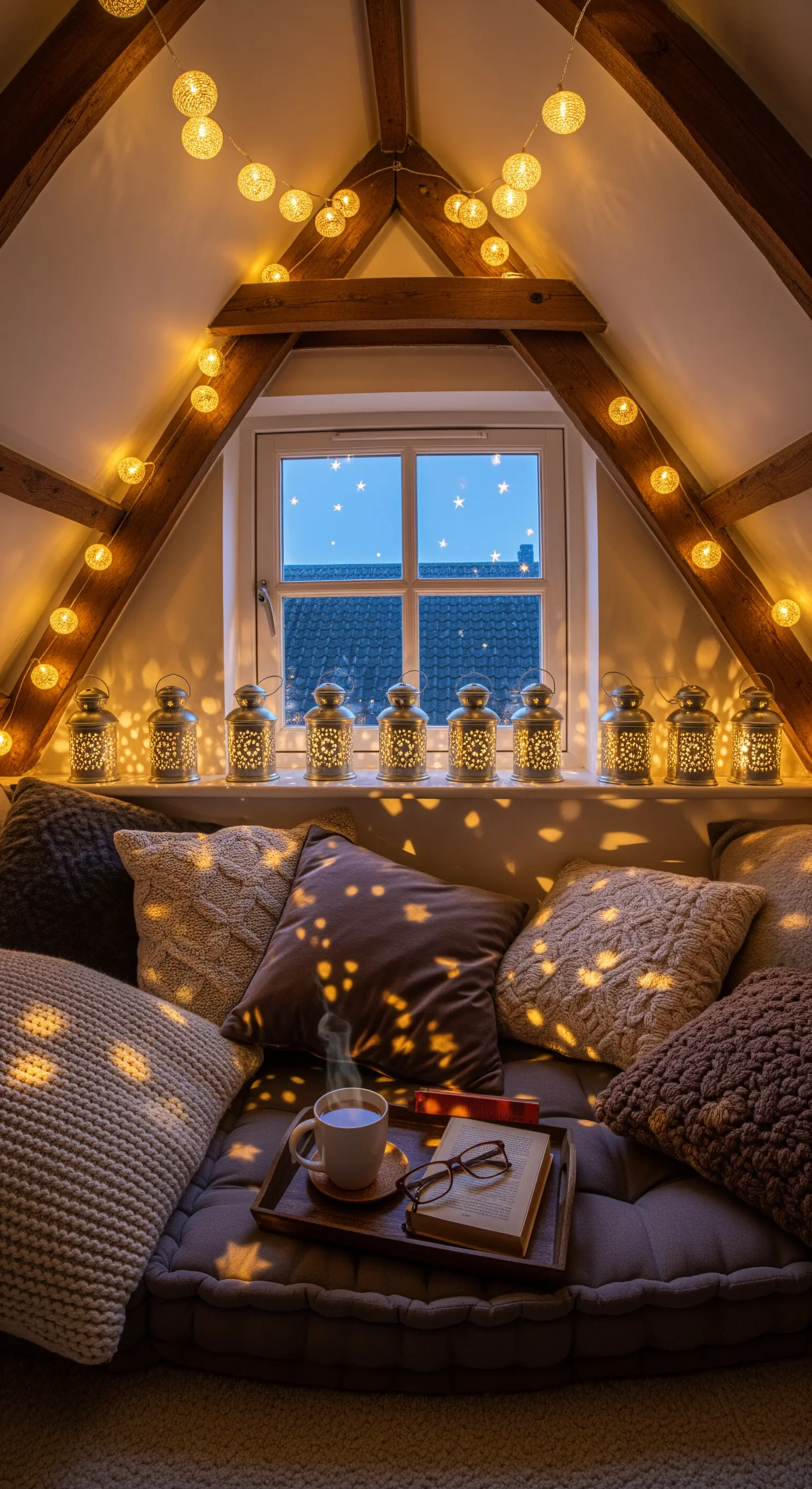 Dachschrägen-Fenster mit Cotton Ball Lichterketten, Reihe von Laternen auf der Fensterbank, viele Kissen