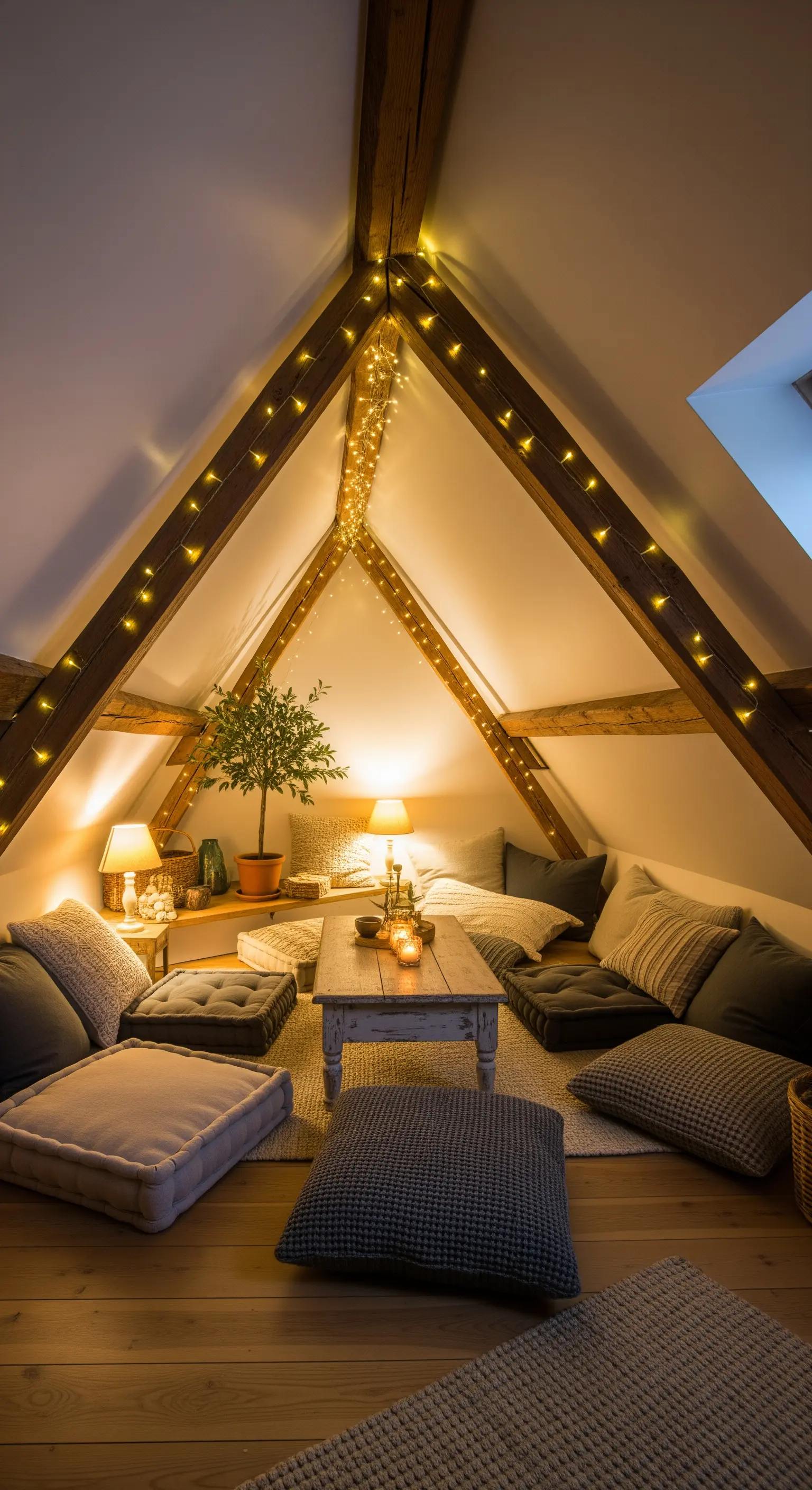 Gemütliche Kuschelecke unter Dachschrägen mit Lichterketten, vielen Bodenkissen und Kerzentisch.
