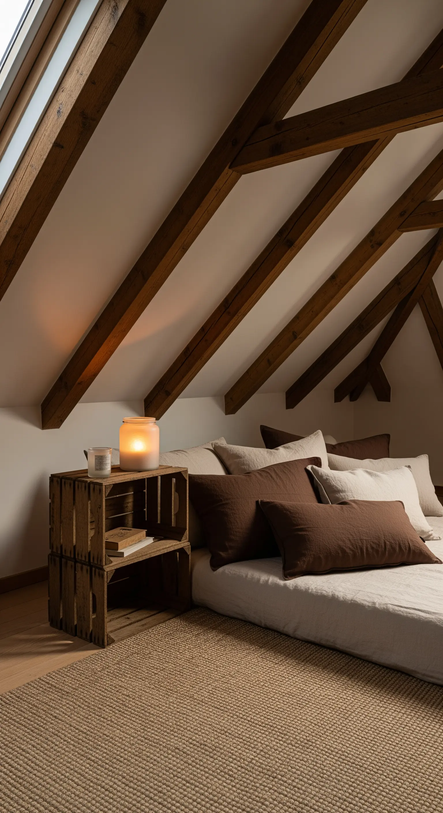 Dachschlafzimmer, Holzbalken, Bodenmatratze, Holzkisten, Kerzenlaterne