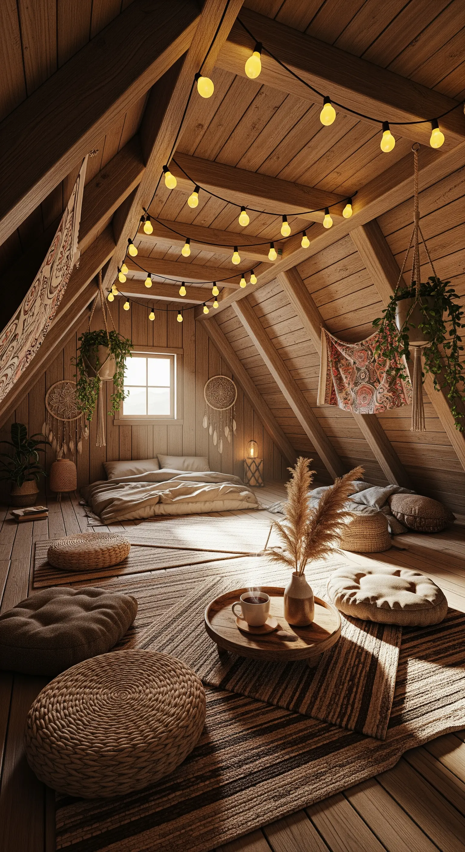 Dachboden Schlafzimmer, Boho, Lichterketten, Pampasgras